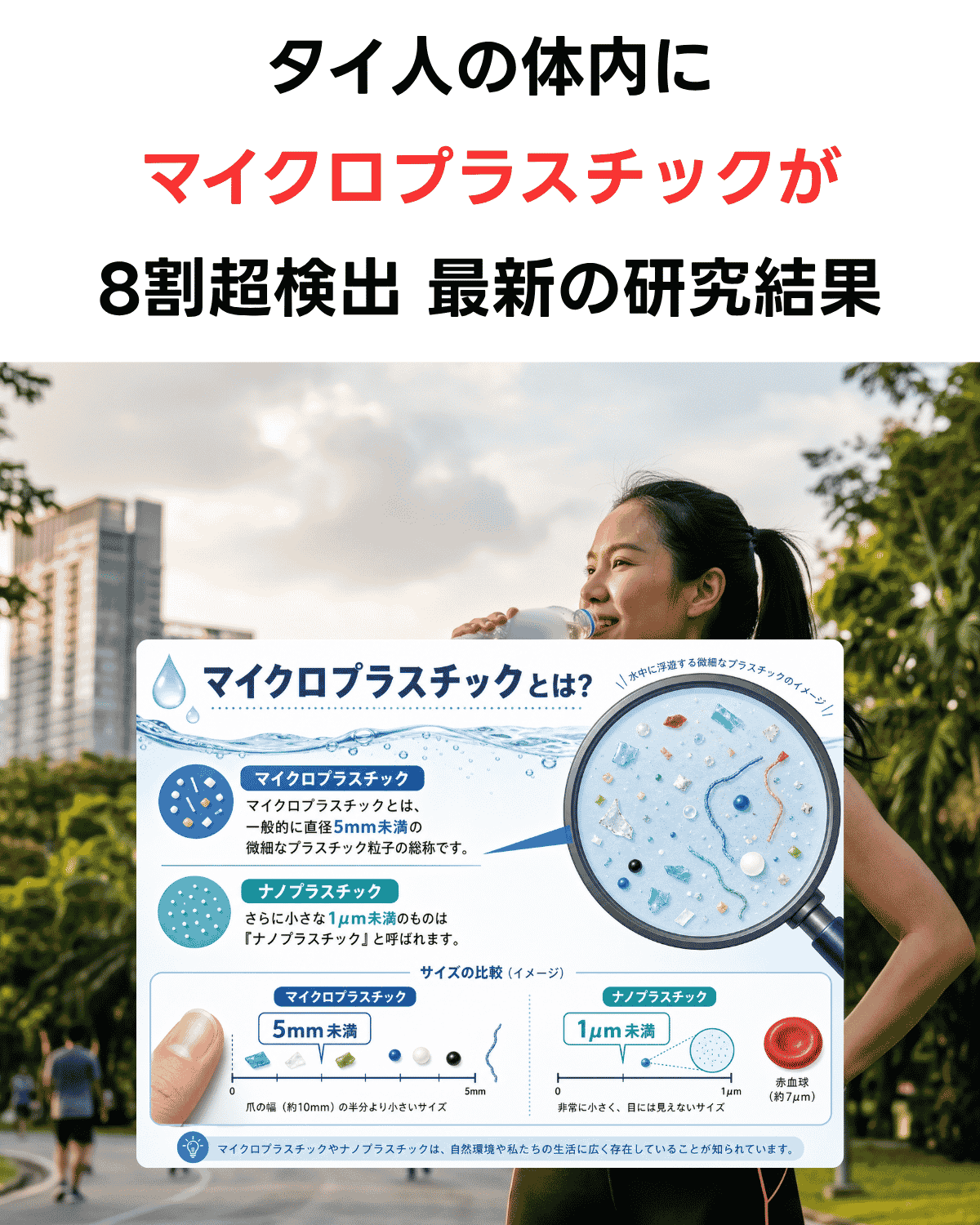 「タイ人の体内にマイクロプラスチックが8割超検出　最新の研究結果」というテキストと、ペットボトル水を飲みながらジョギングする女性の写真、マイクロプラスチック・ナノプラスチックのサイズ比較インフォグラフィックを組み合わせたAI生成サムネイル。