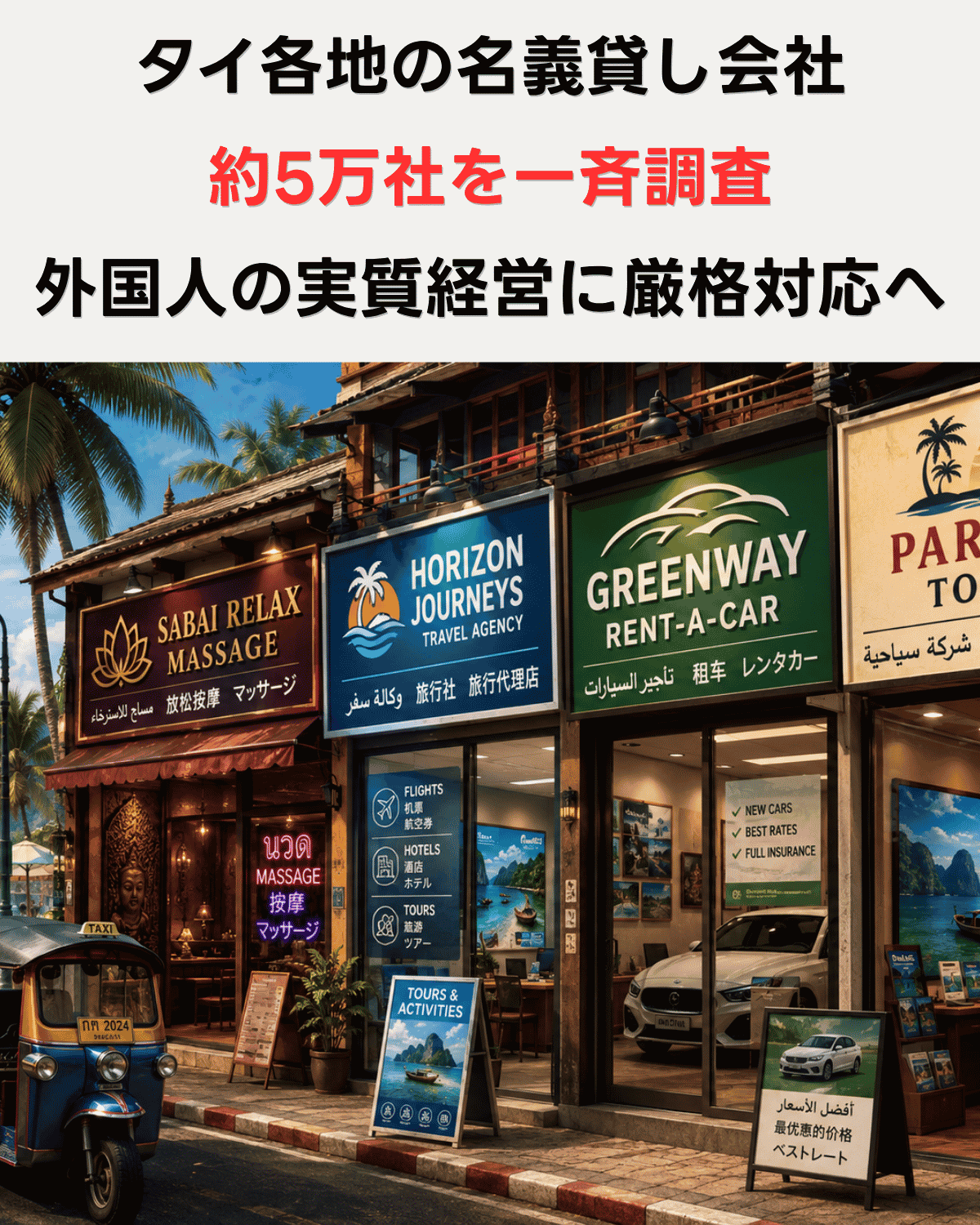 タイ観光地に立ち並ぶ外国人経営が疑われるマッサージ・旅行会社・レンタカー店舗