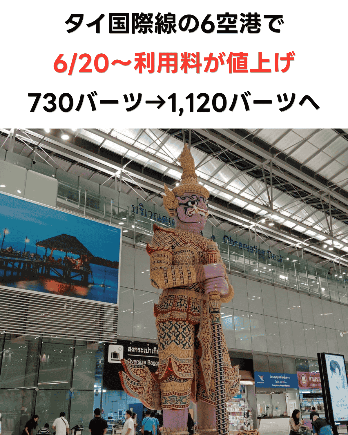 スワンナプーム空港の出発ロビーに立つタイ国際空港の象徴的な守護神像。国際線出発旅客サービス料の値上げを伝えるイメージ