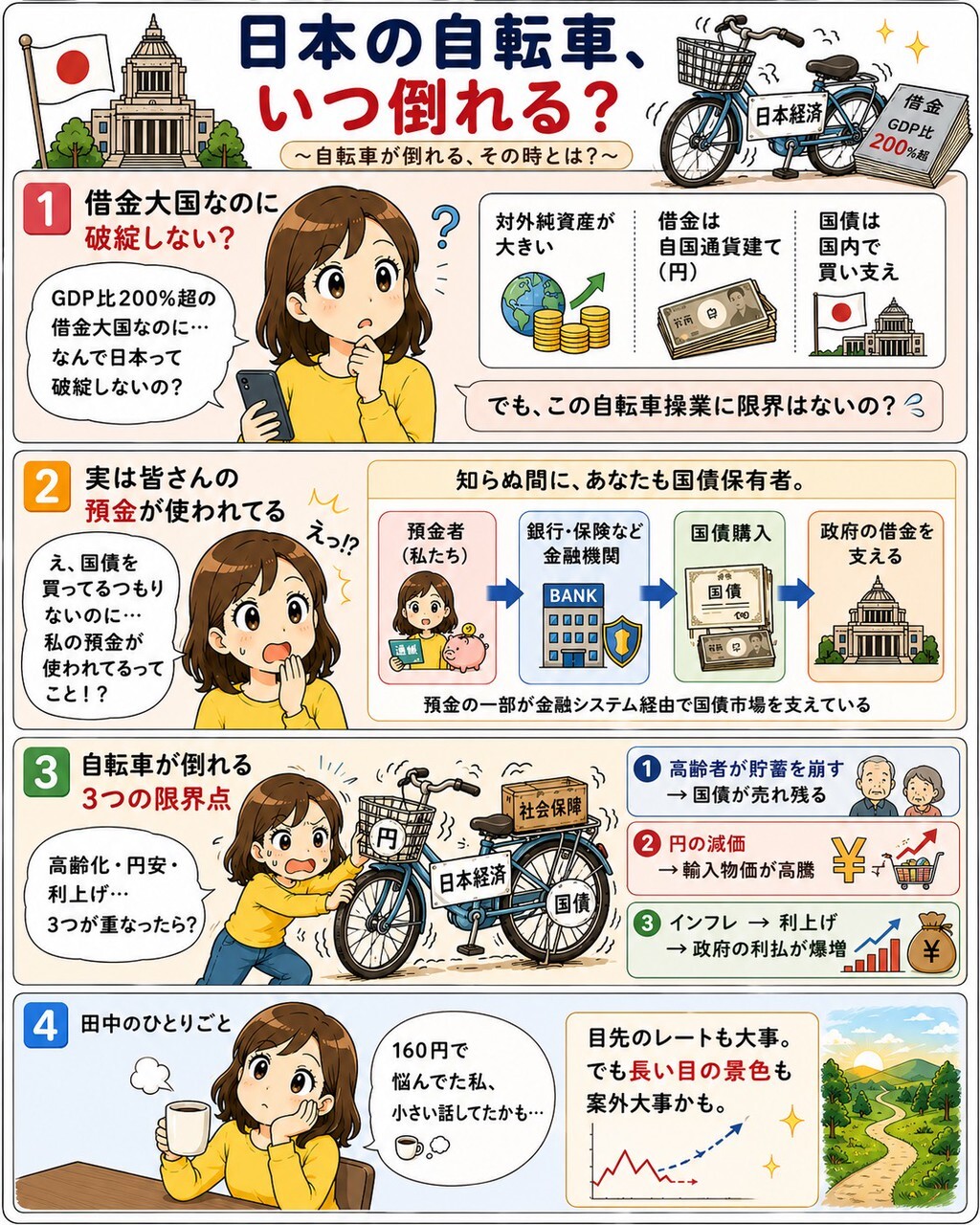 日本の「自転車操業」、借金でいつ倒れる?|海外在住FP田中ゆき恵の海外へそくり教室のマンガとインフォグラフィック
