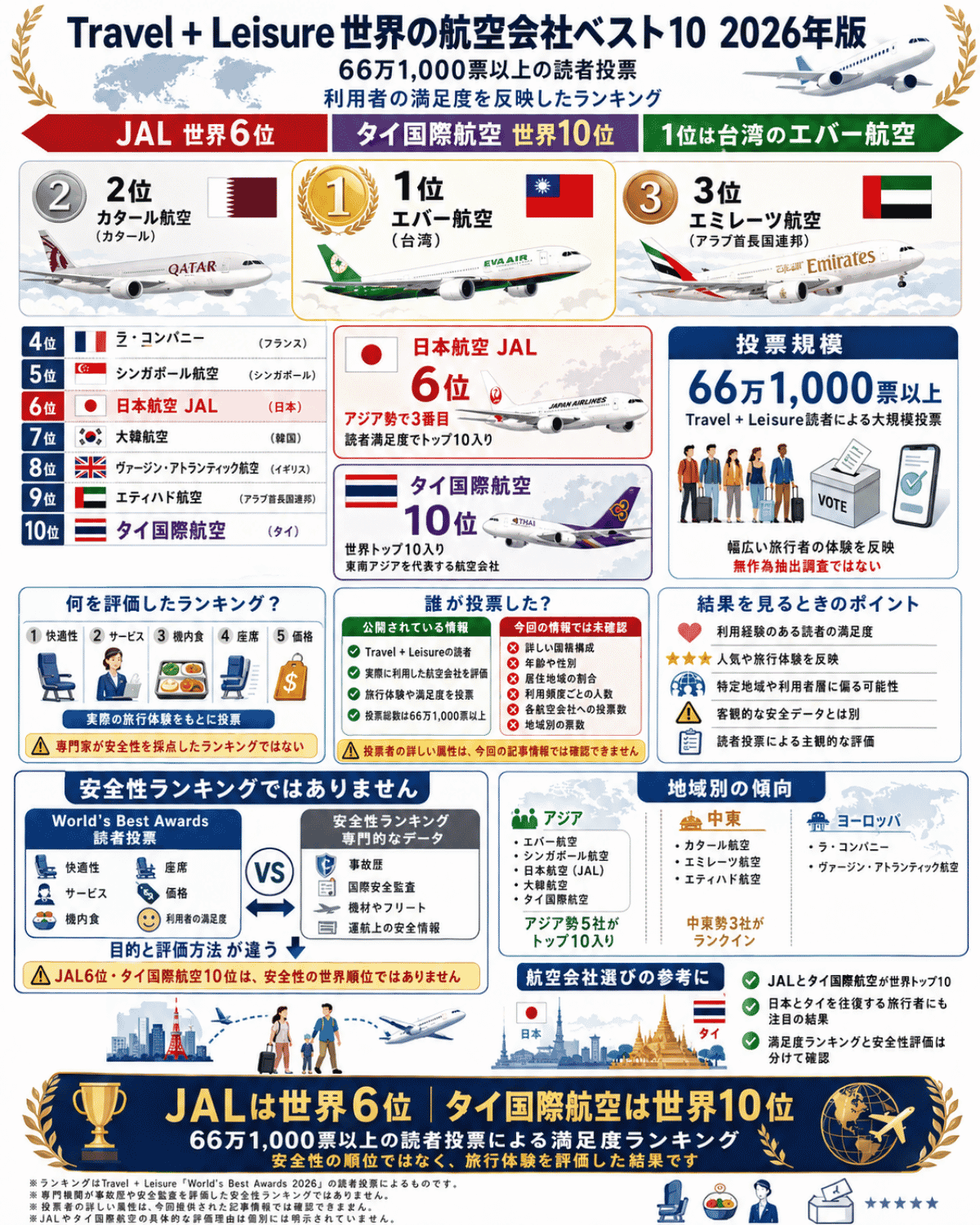Travel + Leisureの世界航空会社ベスト10・2026年版で、エバー航空1位、JAL6位、タイ国際航空10位と、投票基準や安全性ランキングとの違いを紹介するインフォグラフィック