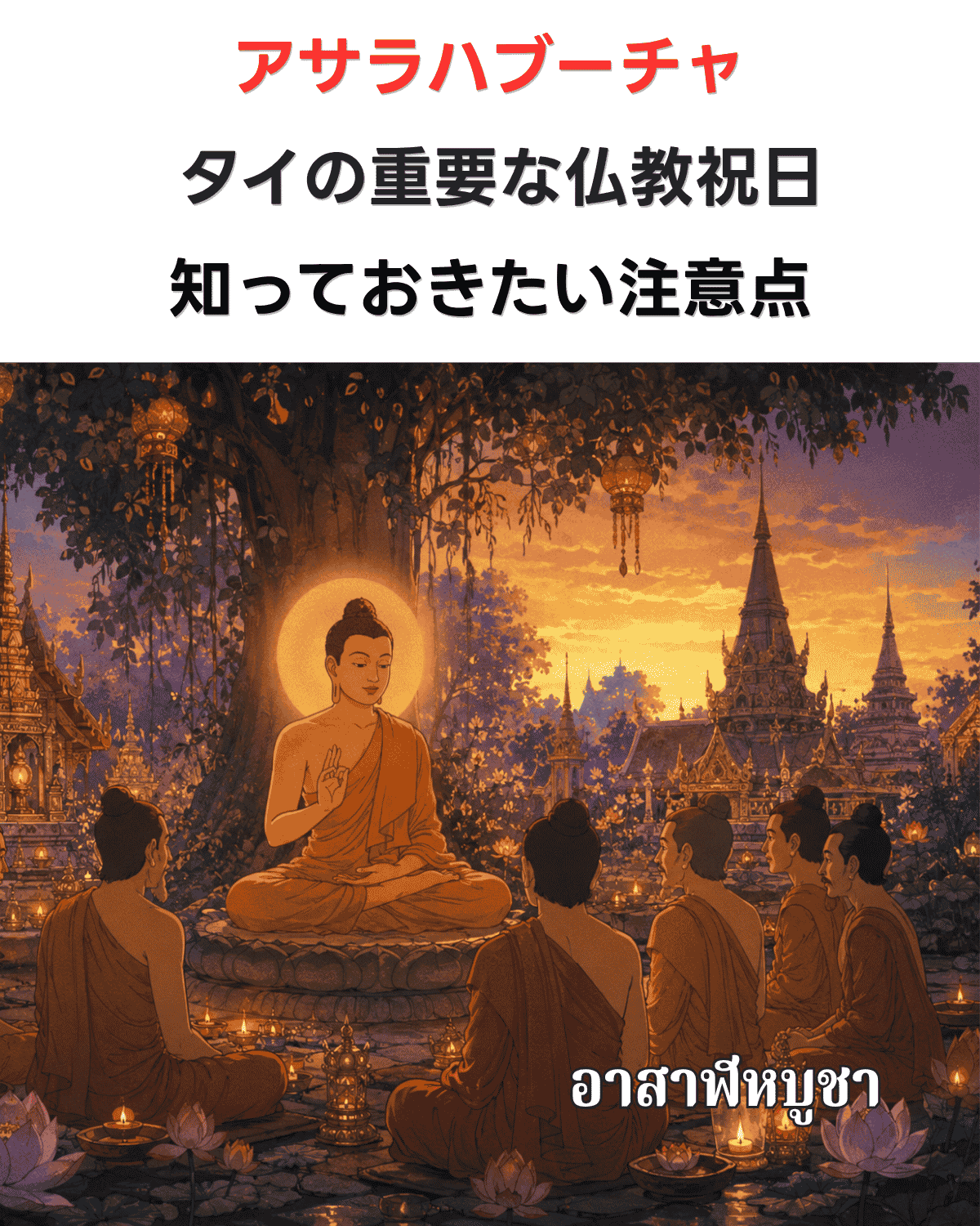 釈迦が5人の修行者に説法する様子を描いたイラスト。夕暮れの寺院を背景に「アサラハブーチャ」の文字とタイ語表記「อาสาฬหบูชา」が入ったバナー画像 イメージイラスト（生成画像）
