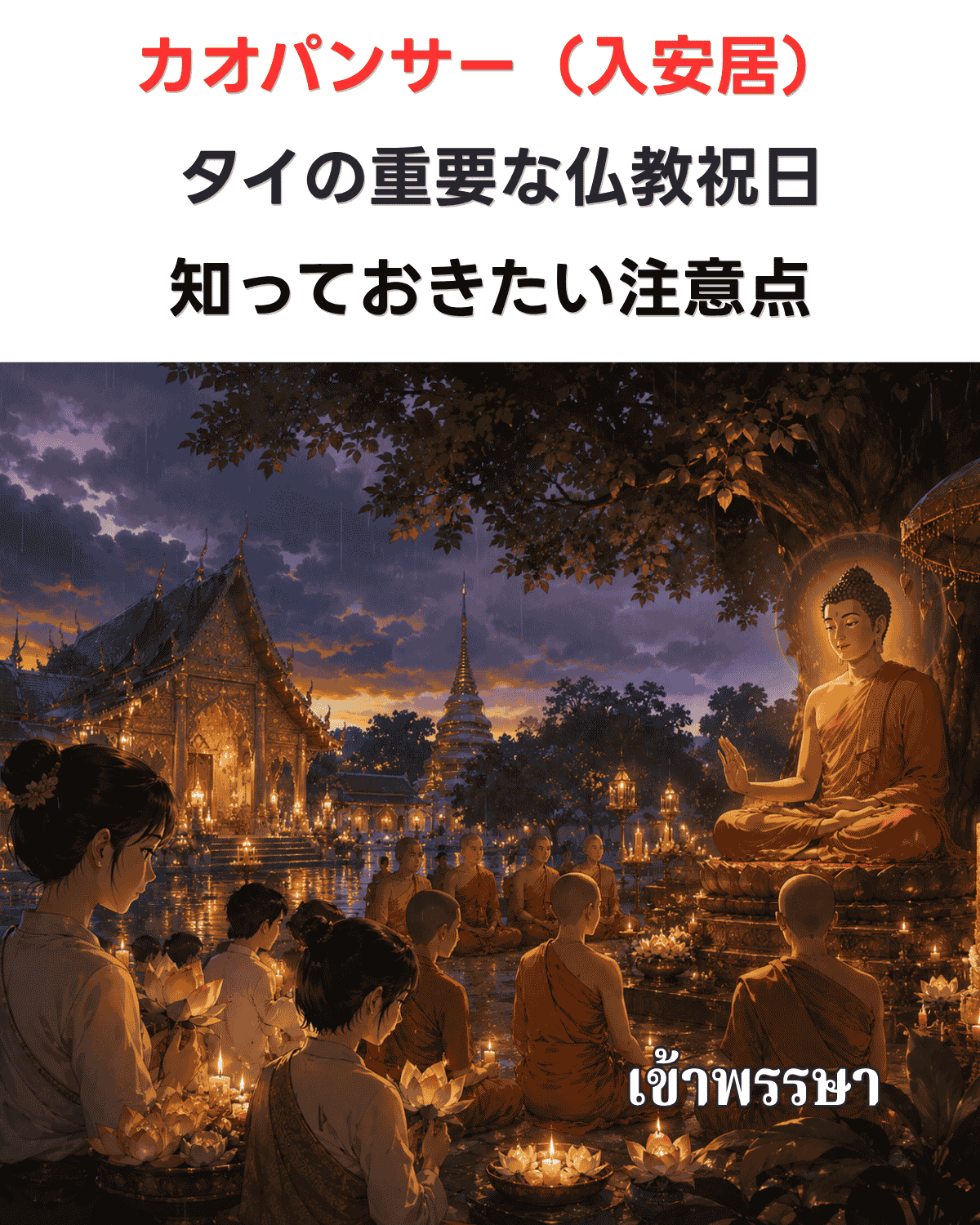 夜の寺院で僧侶や参拝者がろうそくを灯す様子を描いたイラスト。「カオパンサー（入安居）」の文字とタイ語表記「เข้าพรรษา」が入ったバナー画像（生成画像）