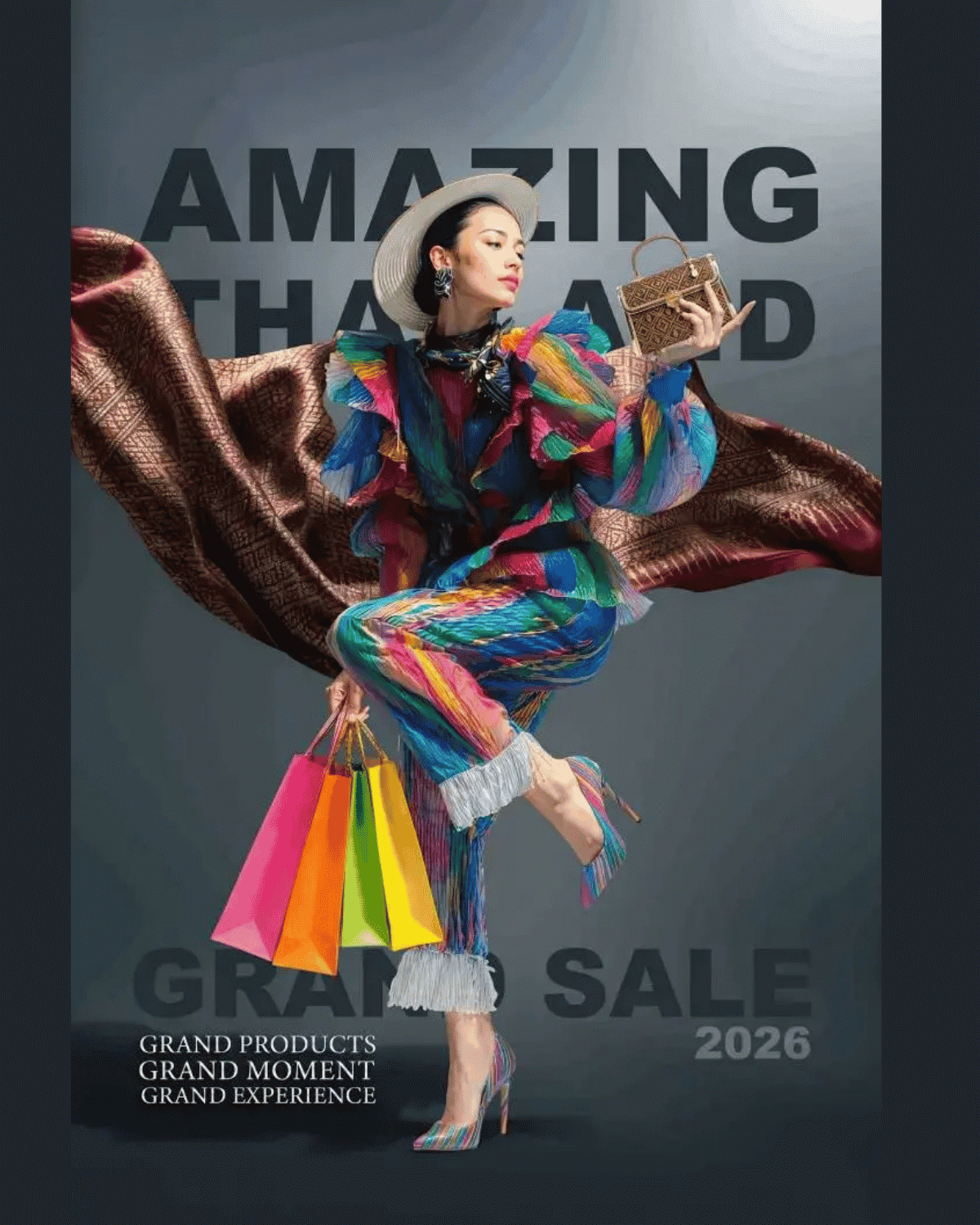 カラフルな衣装でショッピングバッグを持つ女性と「AMAZING THAILAND GRAND SALE 2026」のロゴ出典：Amazing Thailand