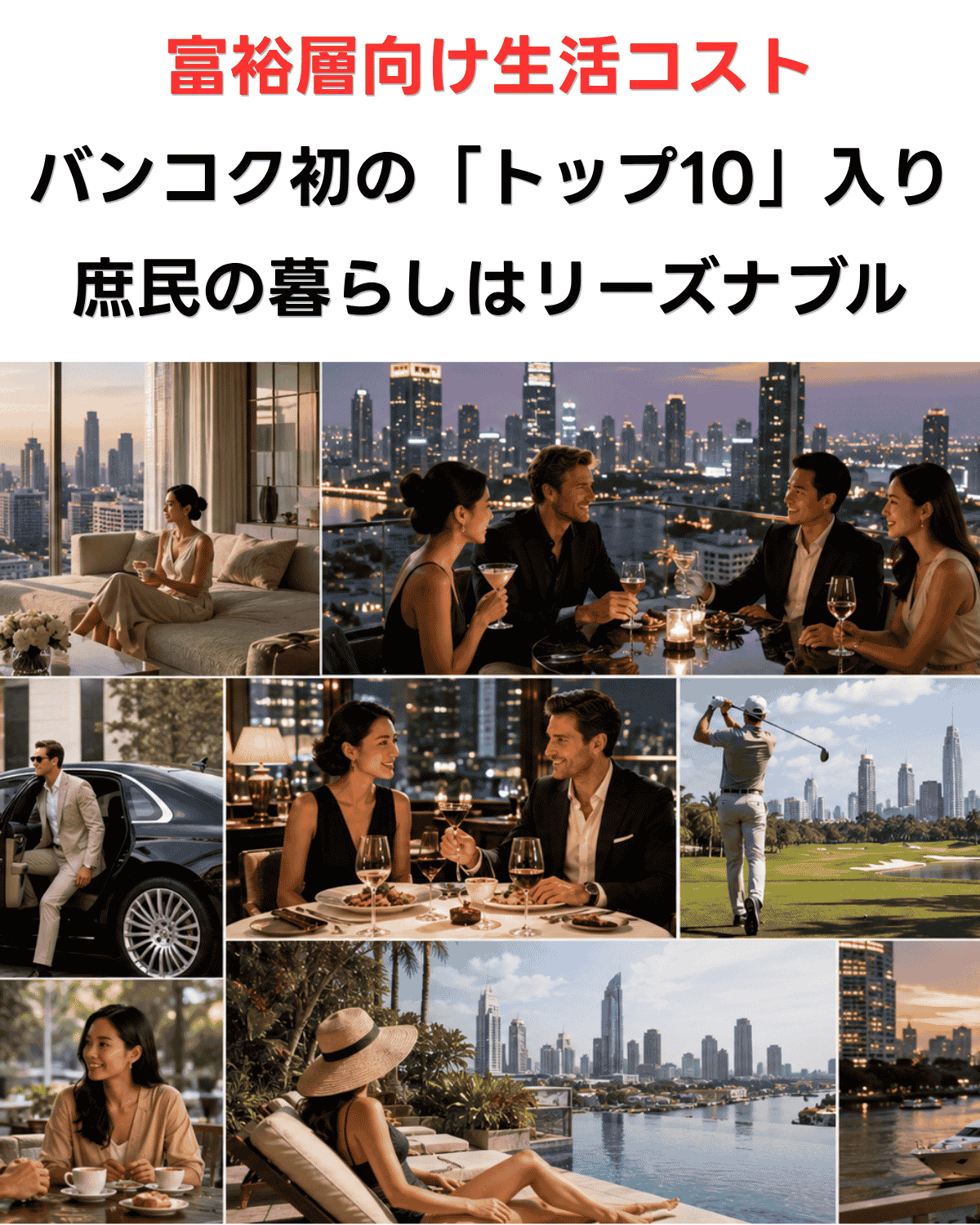 「富裕層向け生活コスト バンコクが初の世界トップ10入り 日常の生活はリーズナブル」の文字が入った、バンコクの夜景と高級ブランド・外車のイメージの縦型アイキャッチ画像。