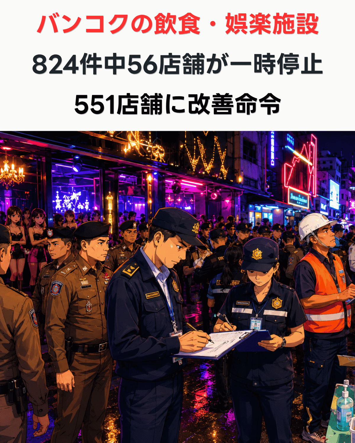 バンコクのナイトスポット街で警察官や検査官が合同で立ち入り検査を行う様子を描いたイラスト。「バンコクの飲食・娯楽施設 824件中56店舗が一時停止 551店舗に改善命令」の文字が入ったバナー画像（生成画像）