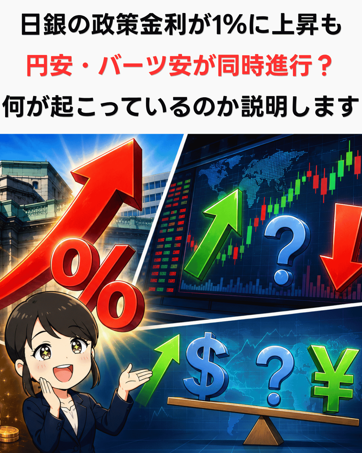 「日銀の政策金利が1％に上昇も円安・バーツ安が同時進行？何が起こっているのか説明します」の見出し付きアイキャッチ画像