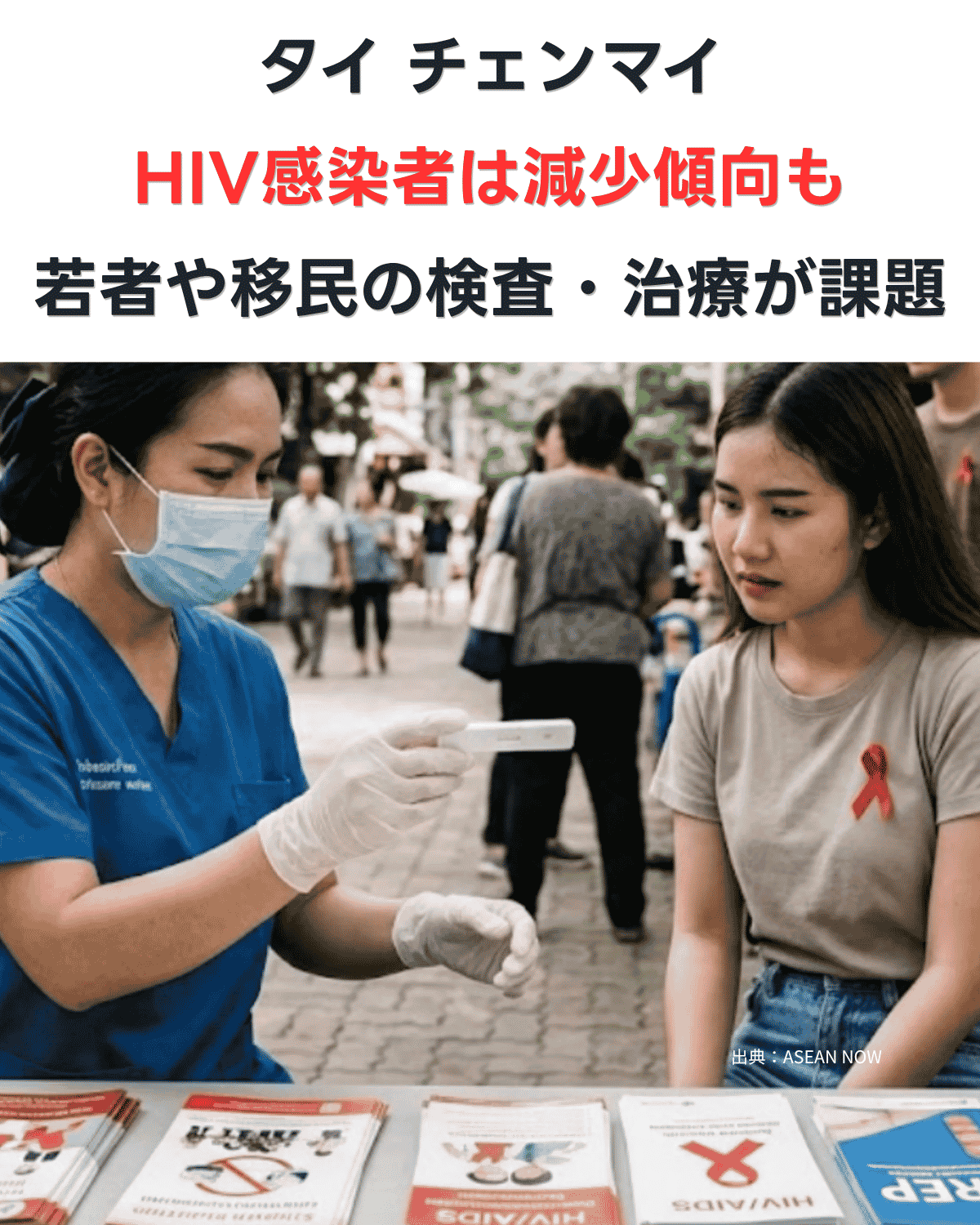 街頭でHIV検査の啓発活動を行う医療従事者と、検査キットを見つめる女性の様子。「タイ チェンマイ HIV感染者は減少傾向も 若者や移民の検査・治療が課題」の文字が入ったバナー画像　出典：ASEAN NOW