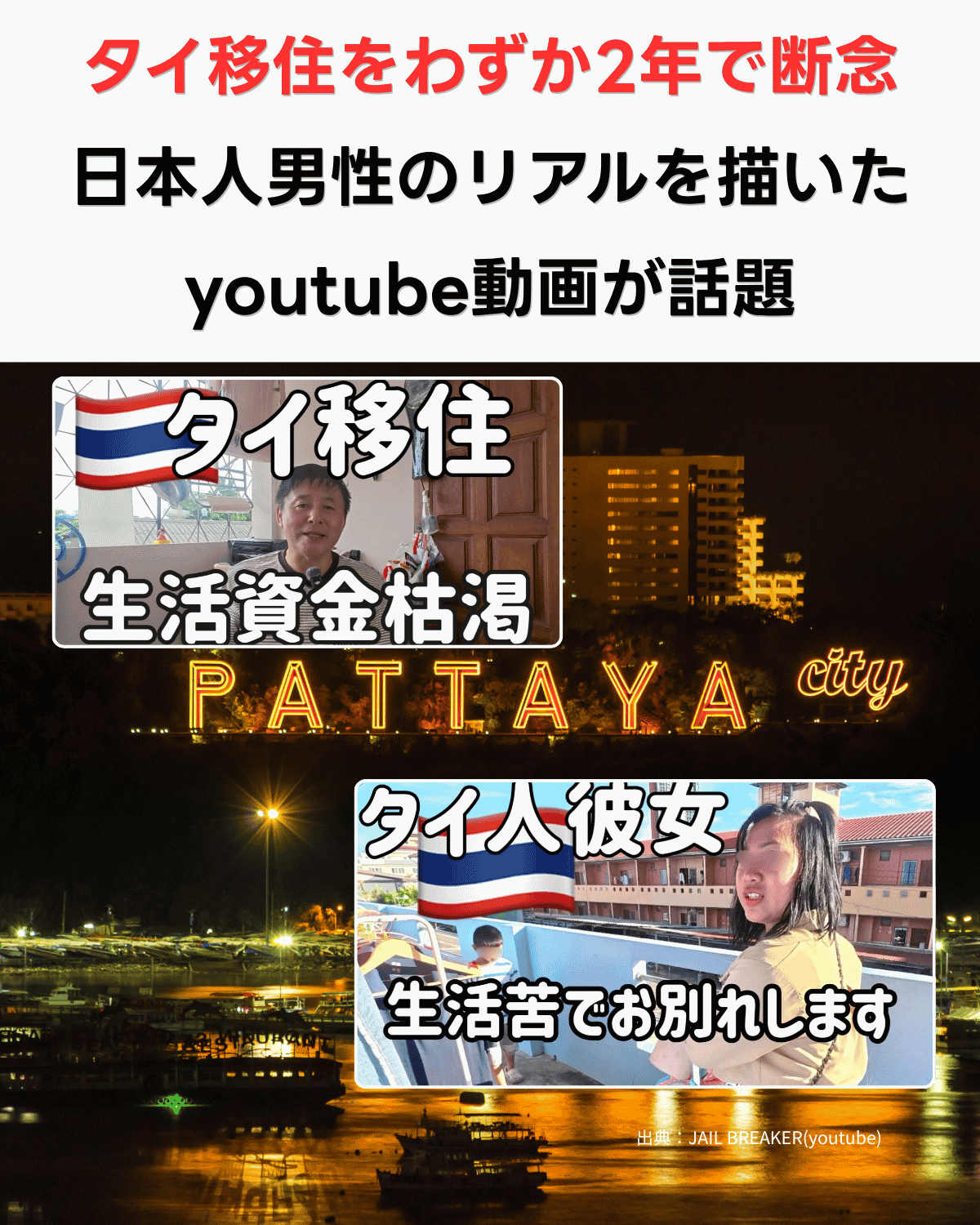 パタヤの街並みと夜景を背景に、「タイ移住 生活資金枯渇」「タイ人彼女 生活苦でお別れします」という動画サムネイルを配置したデザイン。パートナーの顔にはぼかし処理を施している出典：JAIL BREAKER(YouTube)
