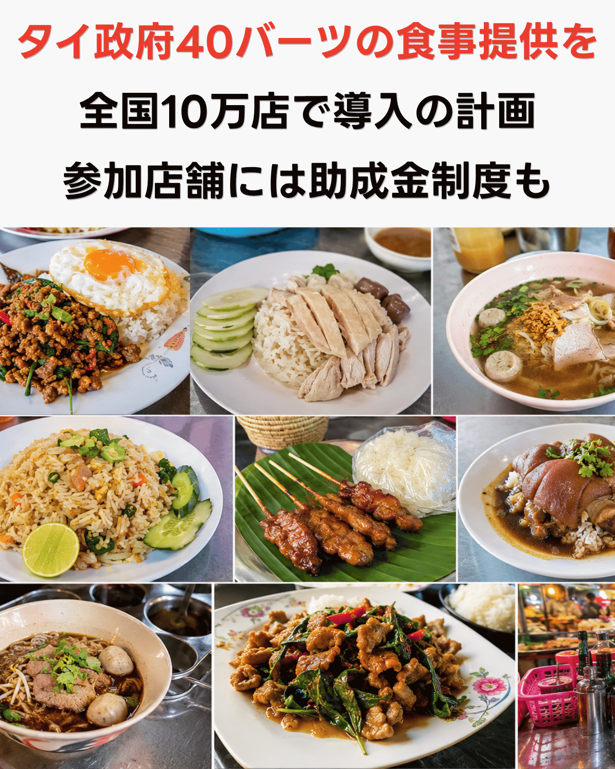 ガパオライス・カオマンガイ・麺料理・チャーハン・サテ・カオカームー・ソムタムなど、タイの定番料理9品のコラージュ画像
