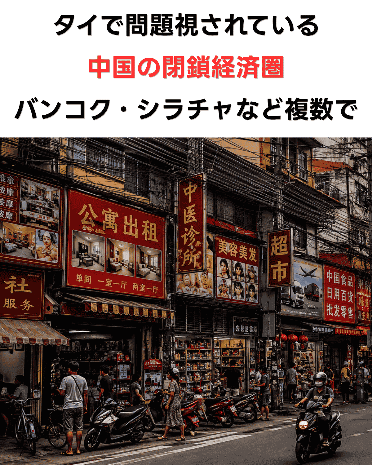 中国語の看板が並ぶ商店街のイメージ。中医診所・美容室・スーパーマーケットなど中国語表記の店舗が立ち並ぶ様子 イメージ画像（AI生成）