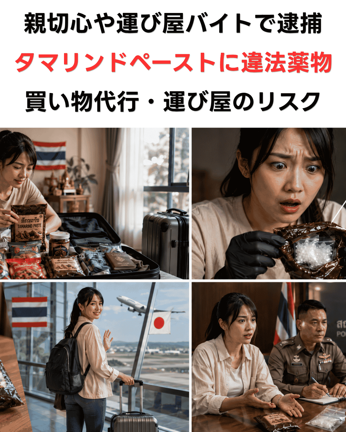 親切心や運び屋バイトで逮捕、タマリンドペーストに違法薬物、買い物代行・運び屋のリスクを解説する記事のアイキャッチ画像(AI生成イメージ)