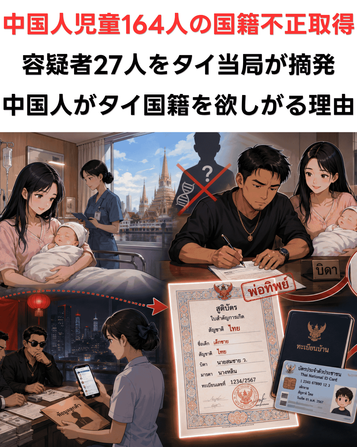 中国人児童164人の国籍不正取得をタイ当局が摘発した事件を伝えるイラスト。偽の父親による出生登録から国籍取得までの流れを図解(アニメ生成)