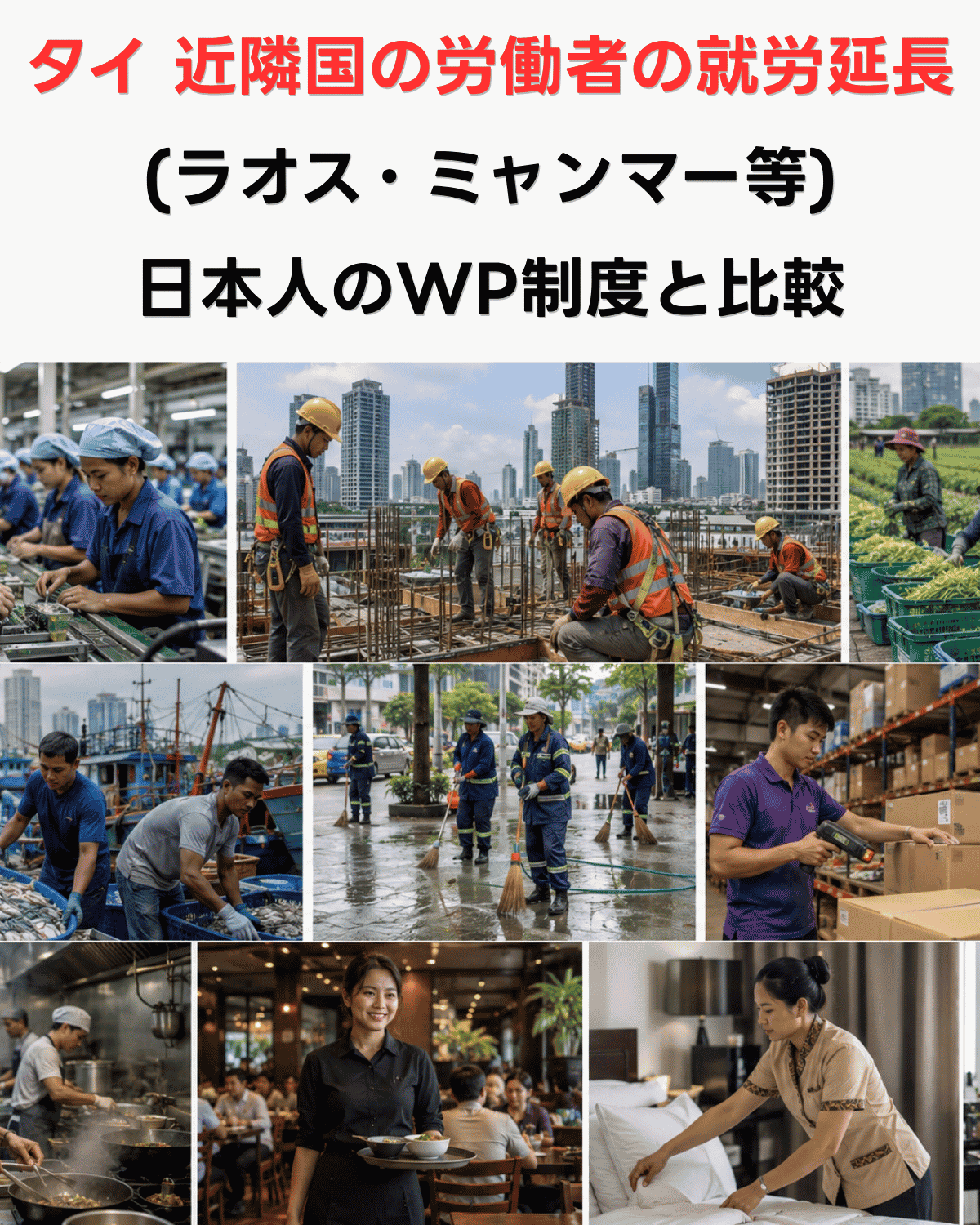 タイの製造業・建設業・農業・漁業・清掃・物流・飲食・ホテル業で働く労働者のコラージュ画像。近隣国労働者延長措置と日本人ワークパーミット制度比較記事のサムネイルイメージ画像（AI生成）