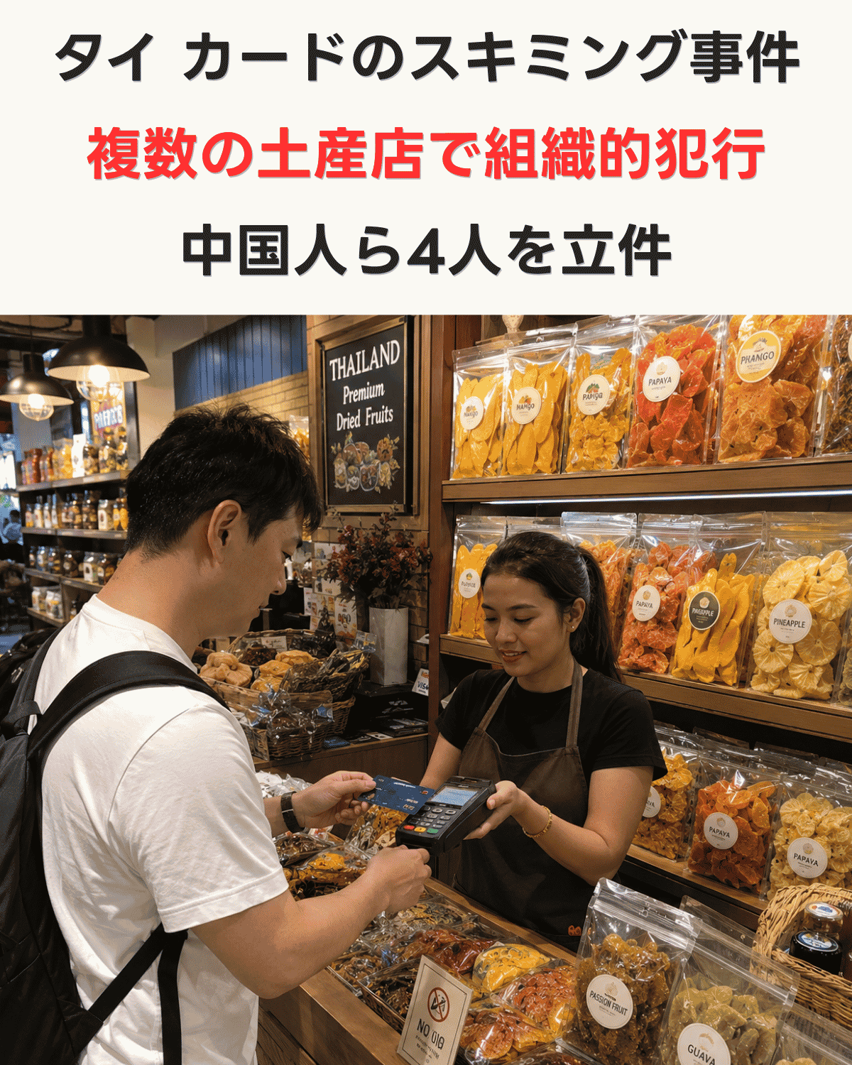 タイのドライフルーツ・土産店でクレジットカード決済をする客と店員のイメージ画像。「タイ カードのスキミング事件 複数の土産店で組織的犯行 中国人ら4人を立件」の文字が入ったバナー画像(AI IMAGE)