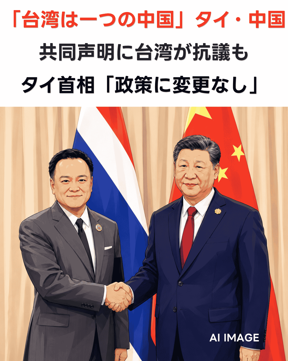 タイと中国の国旗を背景に両国首脳をイメージした人物が握手するAI生成イラストに「台湾は一つの中国 タイ・中国共同声明に台湾が抗議も タイ首相 政策に変更なし」の文字が入った AI生成画像（イメージイラスト）