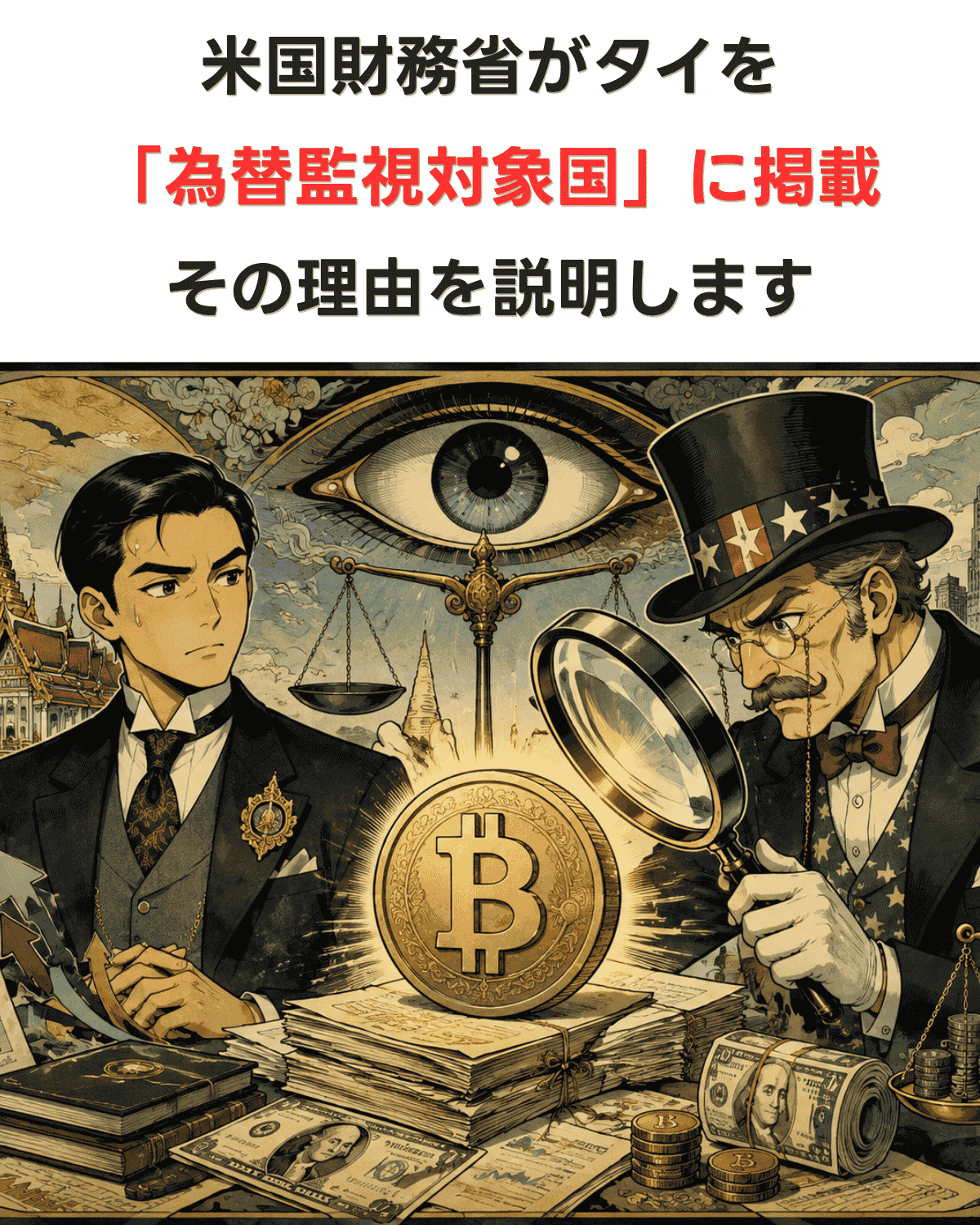 タイの代表者と米国の監視者を描いたイラストに「米国財務省がタイを『為替監視対象国』に掲載 その理由を説明します」の文字が入ったバナー画像(AI IMAGE)