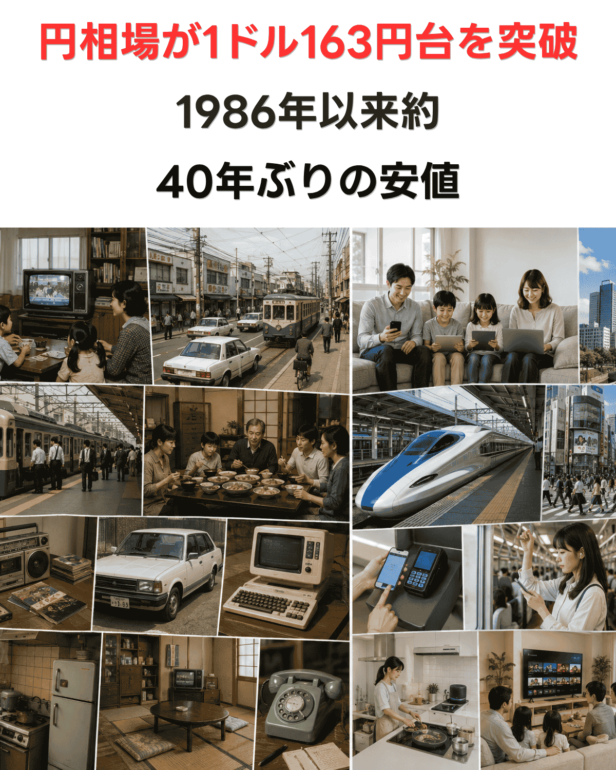 1986年と2026年の日本の暮らしを対比したコラージュ画像に「円相場が1ドル163円台を突破　1986年以来約40年ぶりの安値」の文字が入ったバナー画像 イメージイラスト（生成画像）