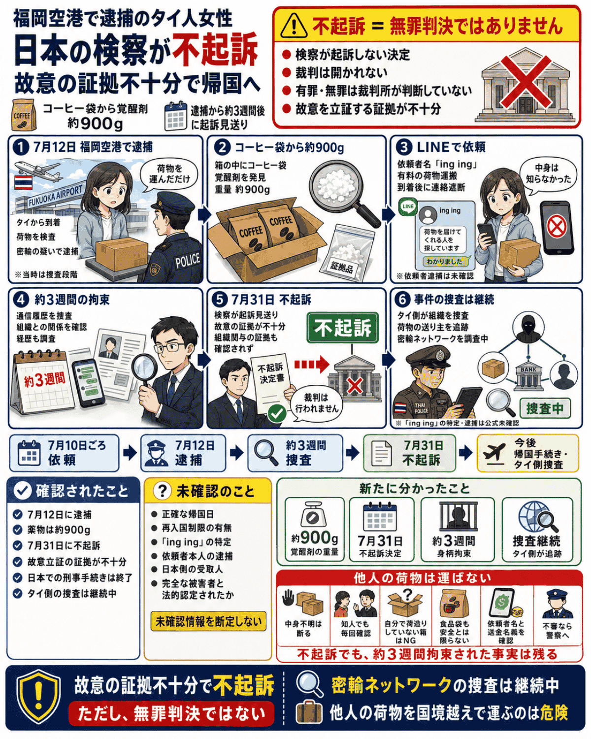 福岡空港で覚醒剤密輸の疑いにより逮捕されたタイ人女性が、日本の検察から不起訴とされた経緯と、密輸ネットワークの継続捜査を解説するインフォグラフィック
