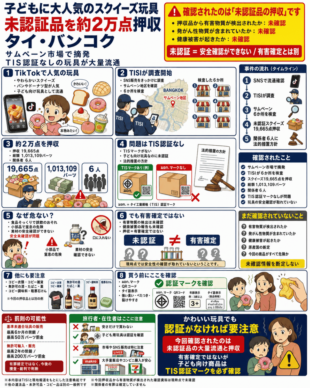 タイ・バンコクのサムペーン市場でTIS未認証のスクイーズ玩具19,665点が押収された事件と、子ども向け玩具の確認ポイントを解説するインフォグラフィック