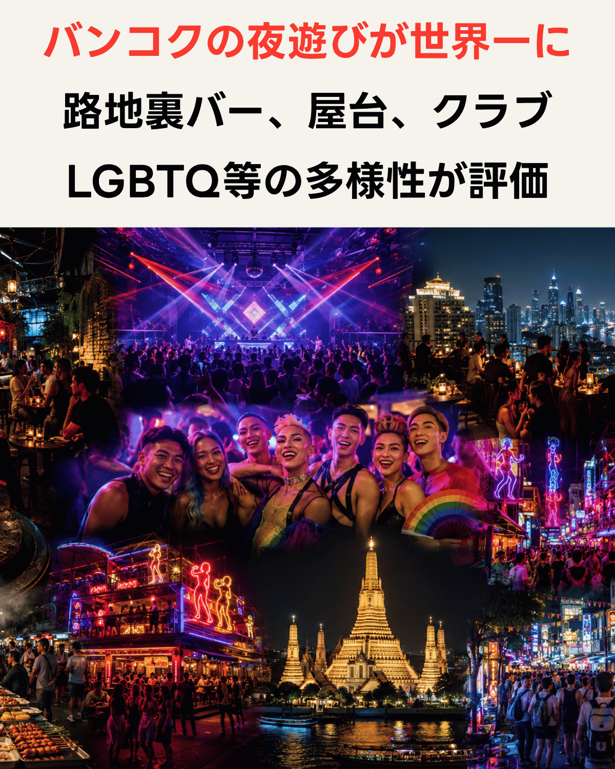 バンコクのナイトライフが世界一に選出、路地裏バー・屋台・クラブ・LGBTQ＋文化の多様性を表すコラージュ