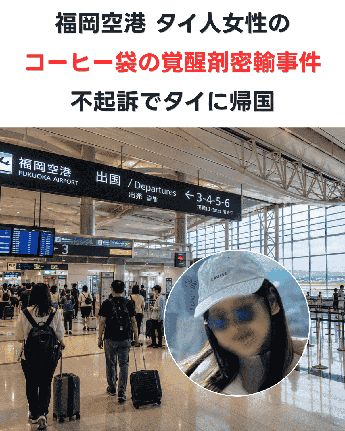 福岡空港の出国ロビーと、顔にぼかし処理を施したジュタティップさんの写真。「福岡空港 タイ人女性のコーヒー袋の覚醒剤密輸事件 不起訴でタイに帰国」の文字が入ったバナー画像 出典：ASEAN NOW