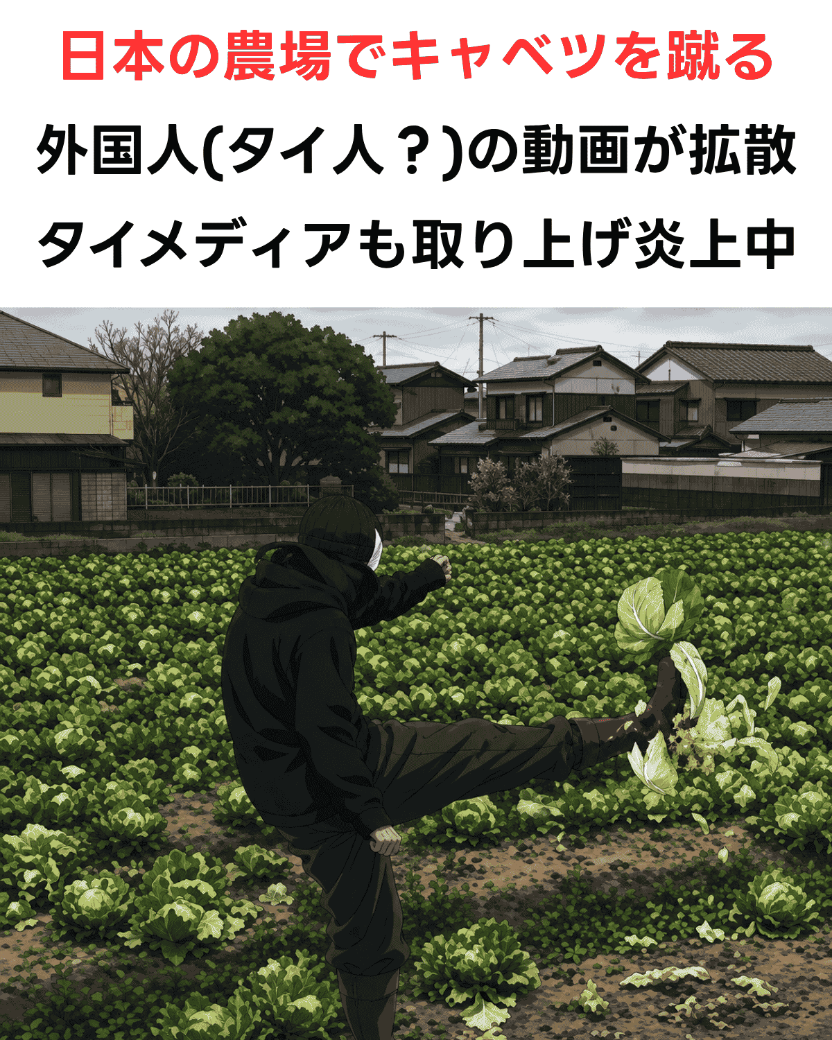 日本の農場でキャベツを蹴る人物を描いた報道の再現イラスト(AIIMAGE)