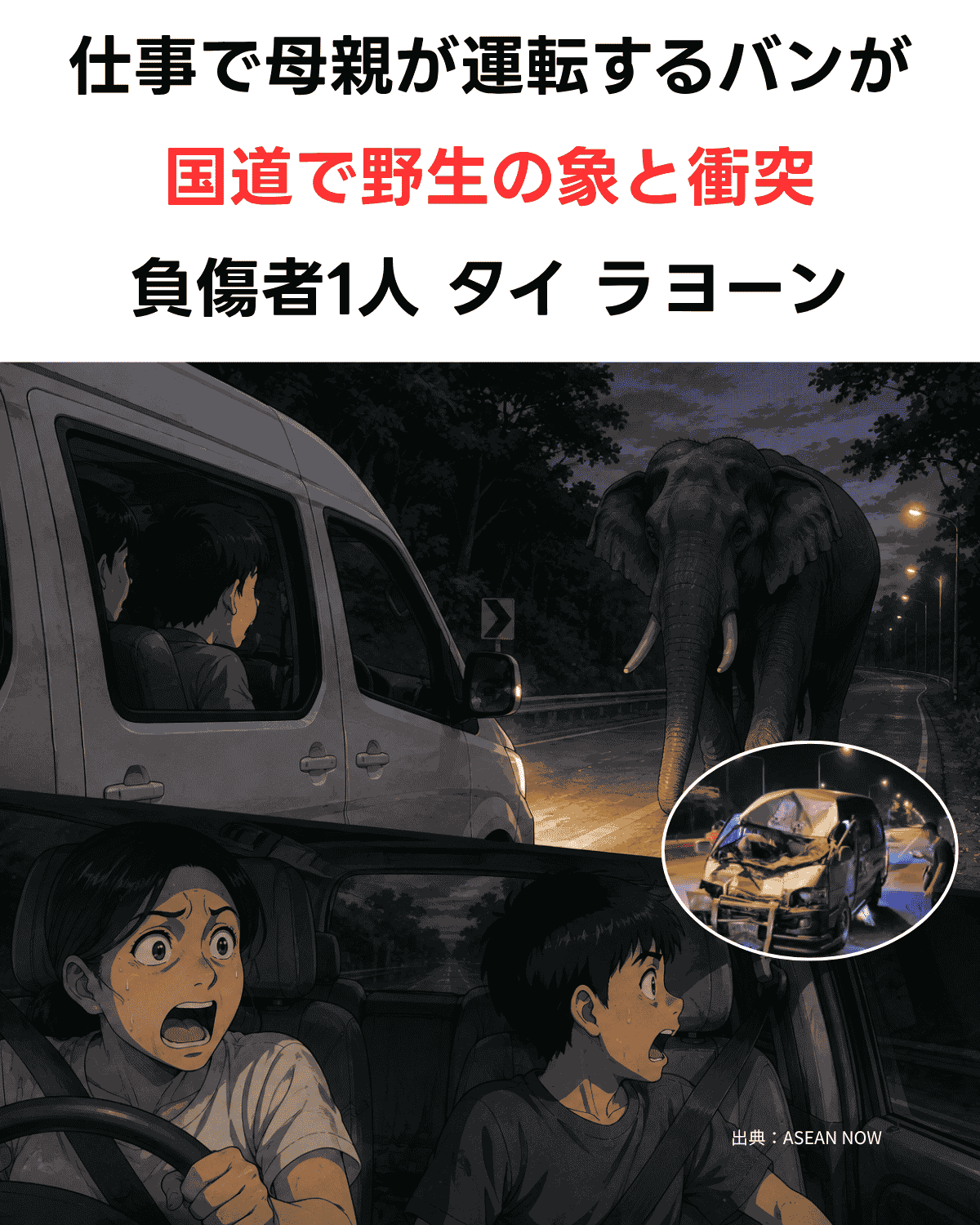 タイ・ラヨーン県の国道で野生のゾウと遭遇するバンのイメージイラストと、実際の事故車両の写真 イメージイラスト（AI生成）と実際の事故車両写真（出典：ASEAN NOW）のコラージュ