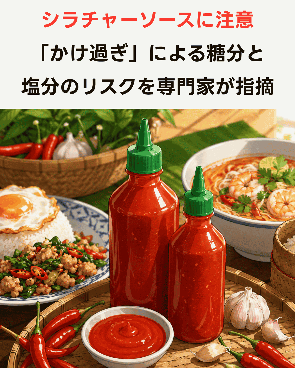 シラチャーソースのボトルと、ガパオライス・トムヤムクンなどタイ料理のイメージイラスト(AIIMAGE)