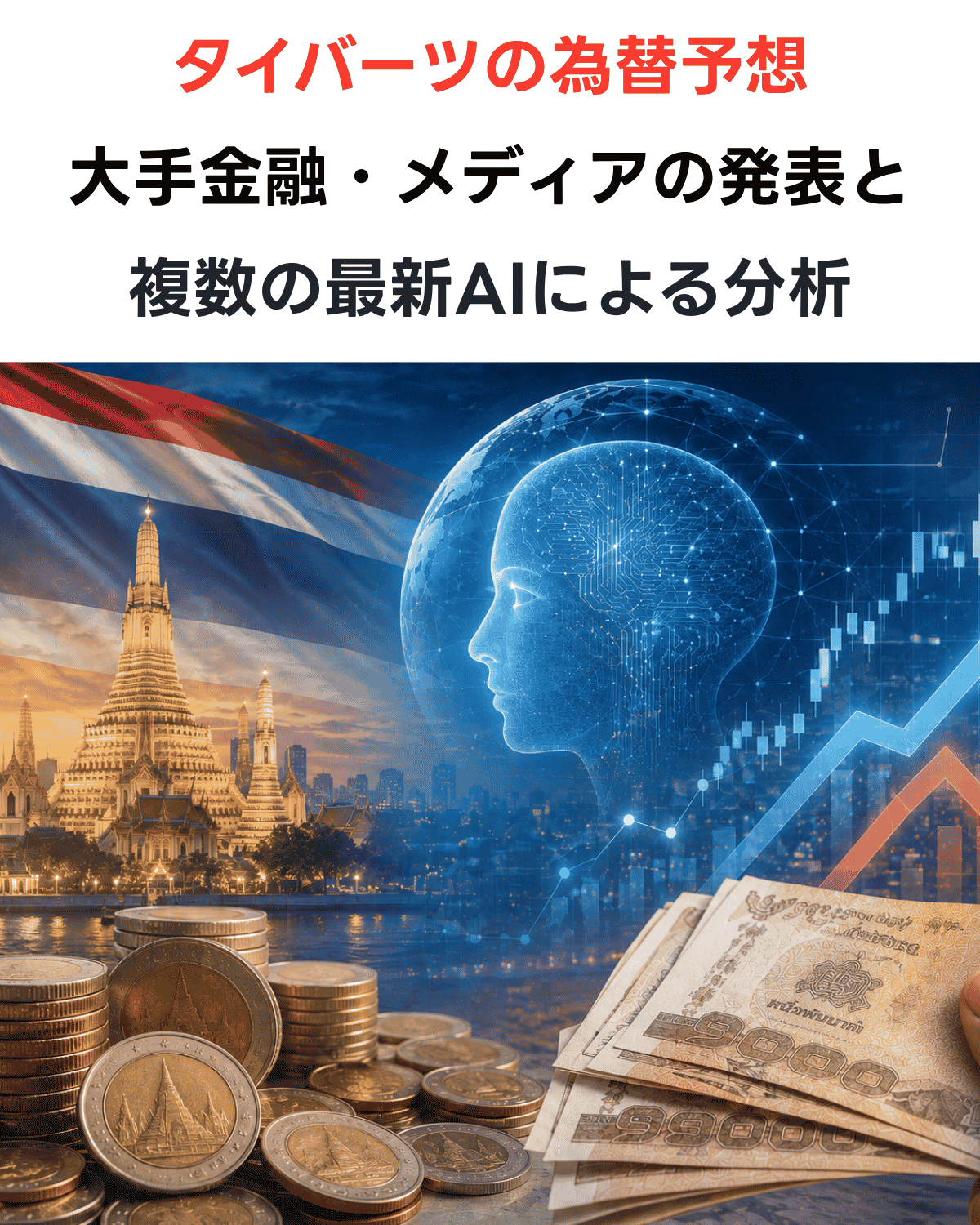 タイ国旗、ワット・アルン、タイバーツ紙幣・コイン、AIの頭部シルエット、為替チャートを組み合わせたAI生成イラスト。「タイバーツの為替予想 大手金融・メディアの発表と複数の最新AIによる分析」の文字が入ったバナー画像(AI IMAGE)
