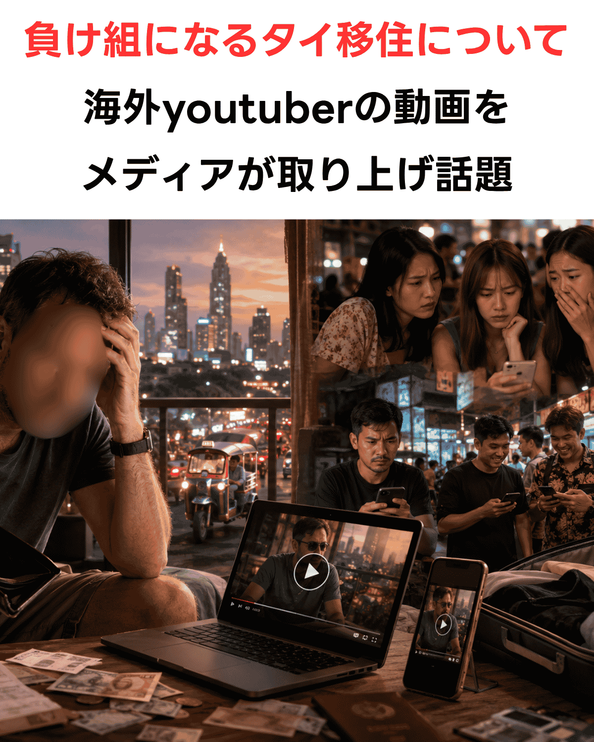 資金難に困る外国人男性と、動画を見つめる人々を描いたイメージイラスト（AI生成）