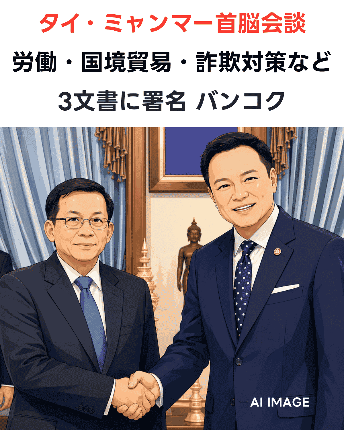 タイ・ミャンマー首脳会談をイメージしたAI生成イラスト、握手を交わす両首脳の様子