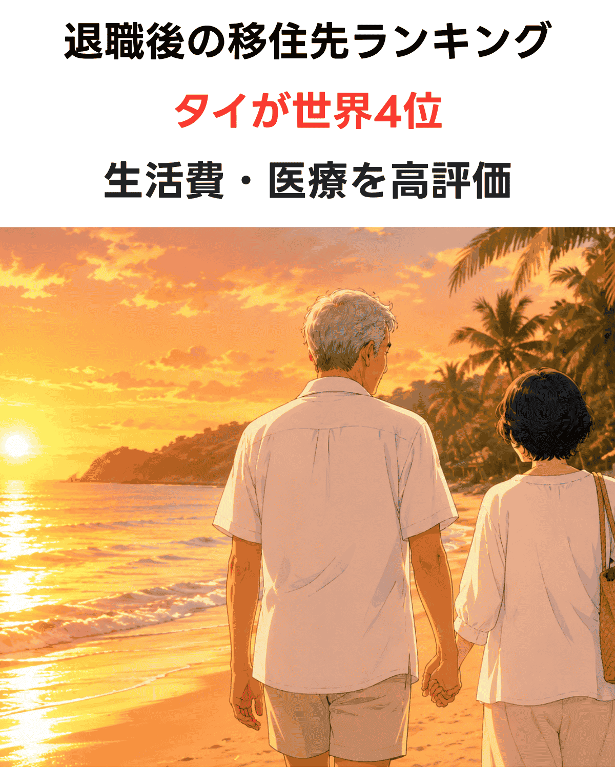 タイの夕暮れのビーチを手をつないで歩くシニア夫婦のイメージイラスト(AI IMAGE)