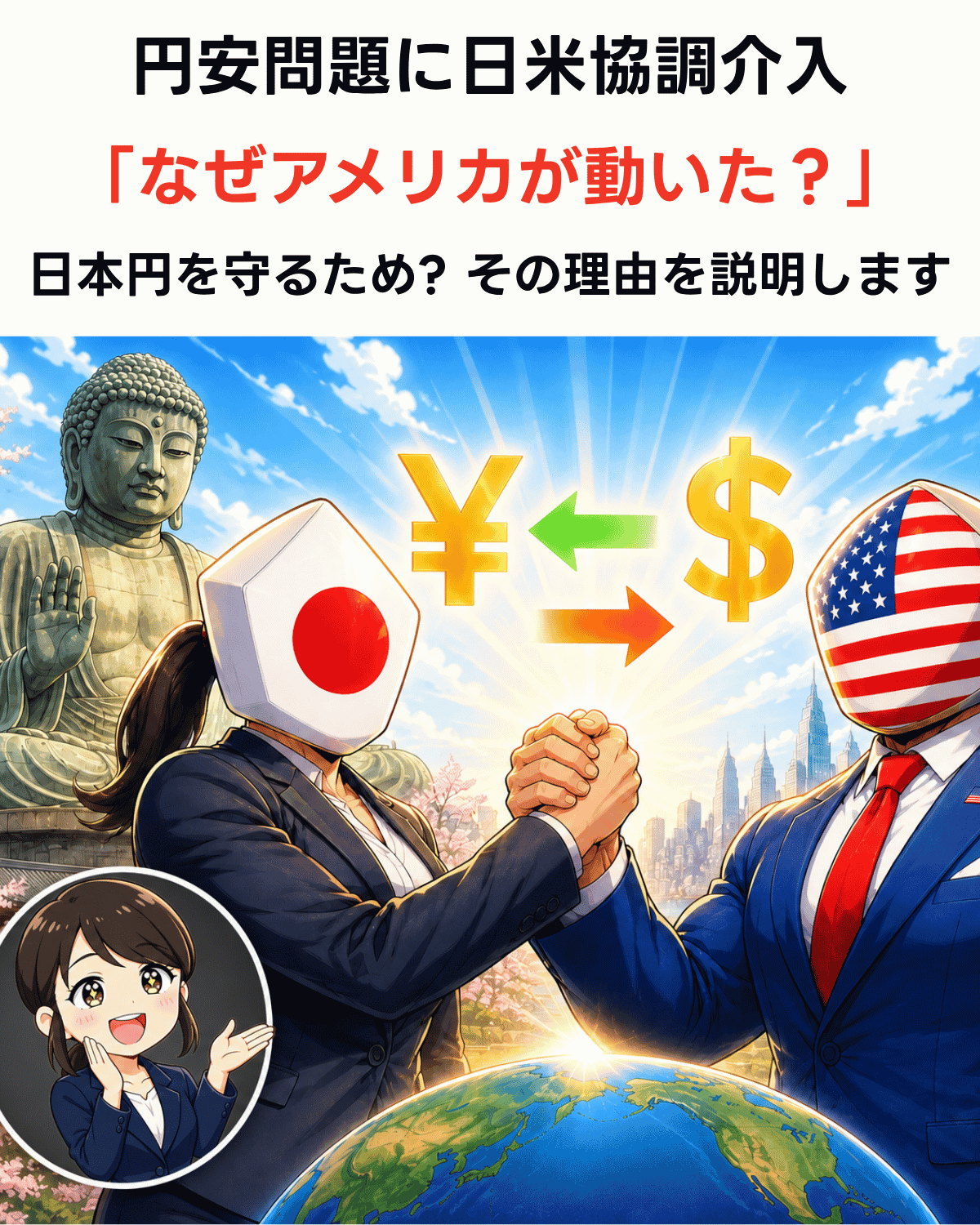 「円安問題に日米協調介入 なぜアメリカが動いた？ 日本円を守るため？その理由を説明します」の見出しテキストが入った、日米協調介入解説記事のサムネイル画像。