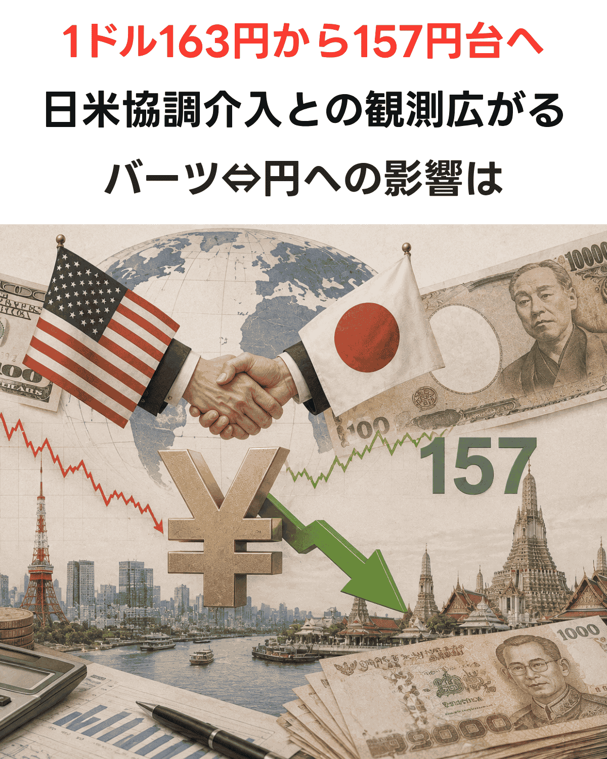 米国旗と日本旗を持つ人物の握手、円記号、163から157への矢印、東京タワー、ワット・アルン、タイバーツ紙幣を組み合わせたAI生成イラスト。「1ドル163円から157円台へ 日米協調介入との観測広がる バーツ⇔円への影響は」の文字が入ったバナー画像(AI IMAGE)