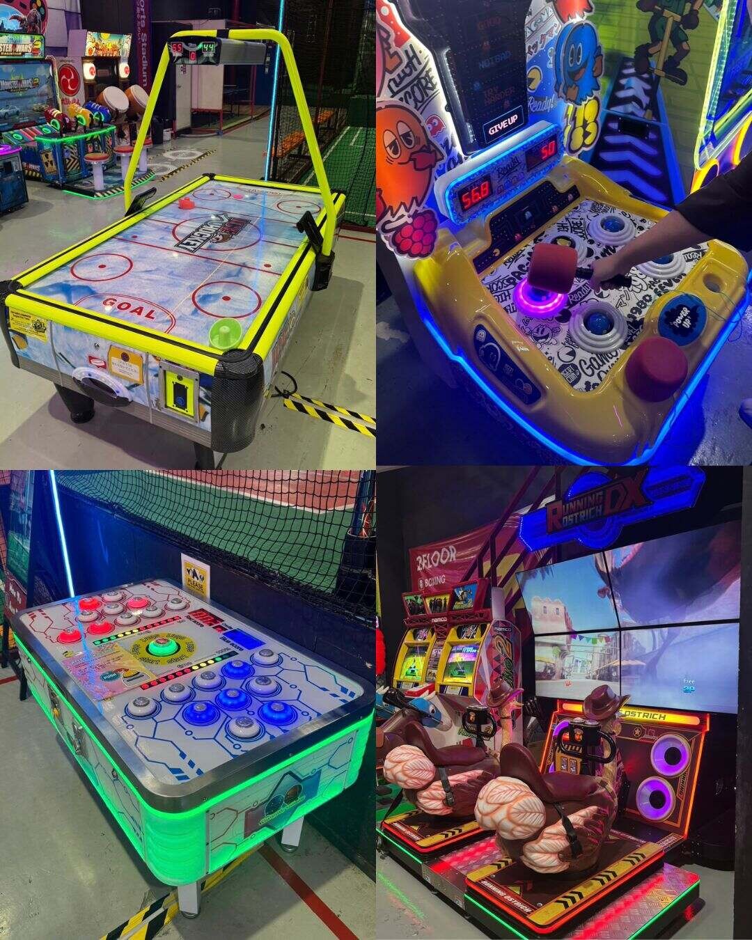 バンコクのドンキモール・トンロー5階にある屋内スポーツ&エンターテインメント施設「D-Sports Stadium」のゲームエリアを4分割で撮影した写真。エアホッケー台、ポップでカラフルなアーケードゲームやインタラクティブなゲーム機、および画面を見ながら遊べるライディングゲームなどが設置されています。ファイル名:1.jpg