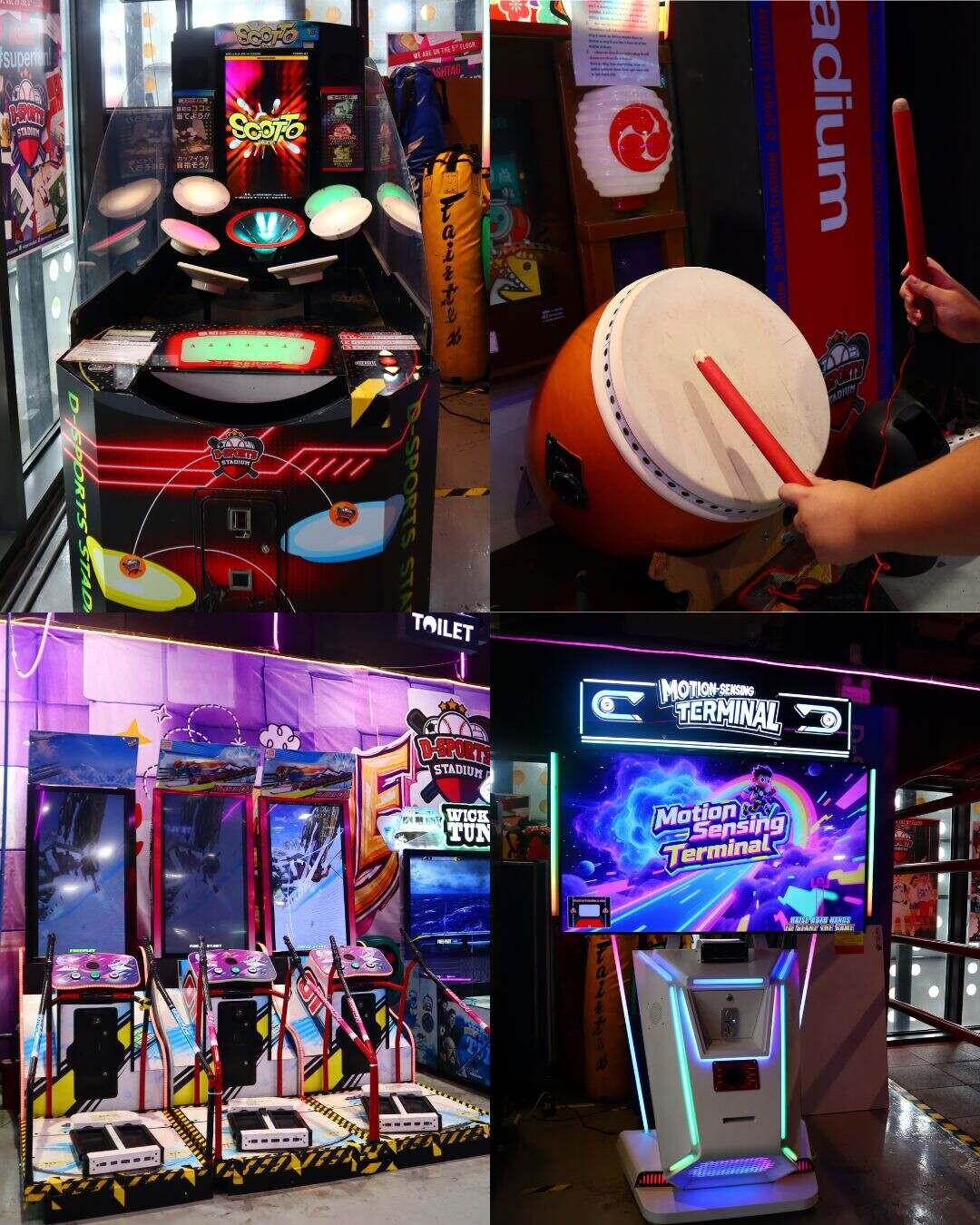 バンコクのドンキモール・トンロー5階にある屋内スポーツ&エンターテインメント施設「D-Sports Stadium」のゲームエリアを4分割で撮影した写真。和太鼓のアーケードゲーム(太鼓の達人風)をバチで叩いて遊んでいる様子や、音楽・リズムゲーム、モーションセンサーを使った最新の体感型ゲーム機が設置されています。ファイル名:3.jpg