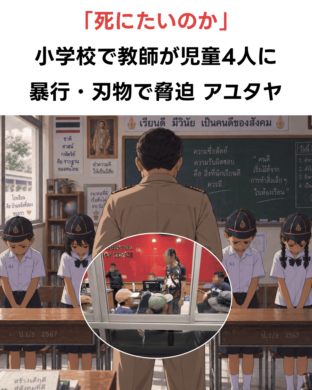 アユタヤの小学校で教師が児童4人に暴行・刃物で脅迫したとされる事件を伝えるアイキャッチ画像（AI IMAGE）