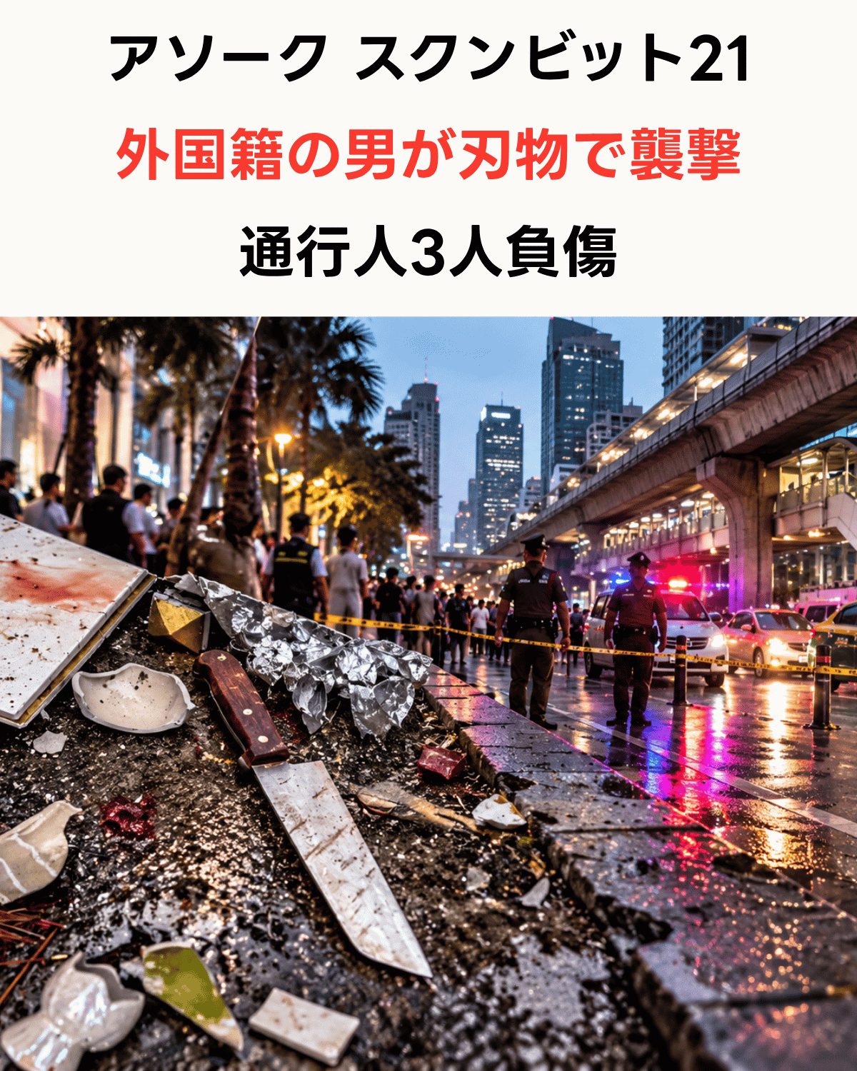 アソーク スクンビット21で外国籍の男が刃物で襲撃　通行人3人負傷　現場に集まる警察官とパトカーのイメージ