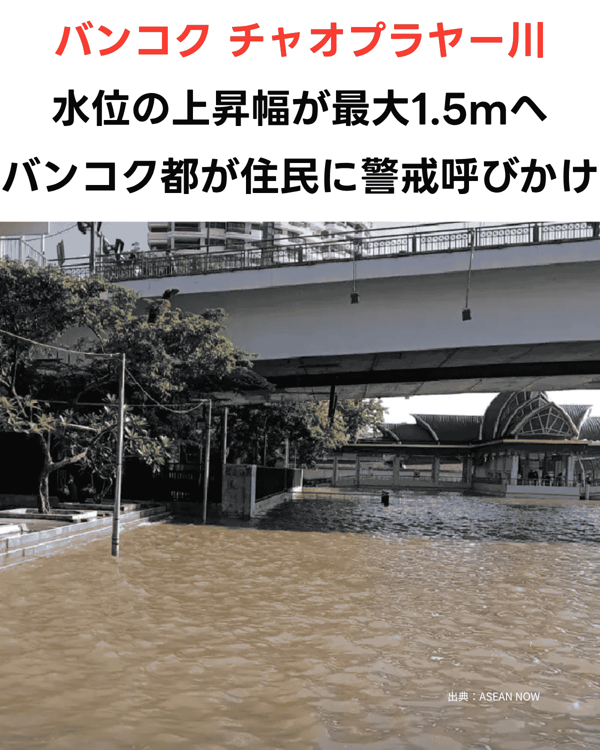 チャオプラヤー川の水位上昇による冠水イメージ　堤防外や川沿いの低地を想定(出典：ASEAN NOW)