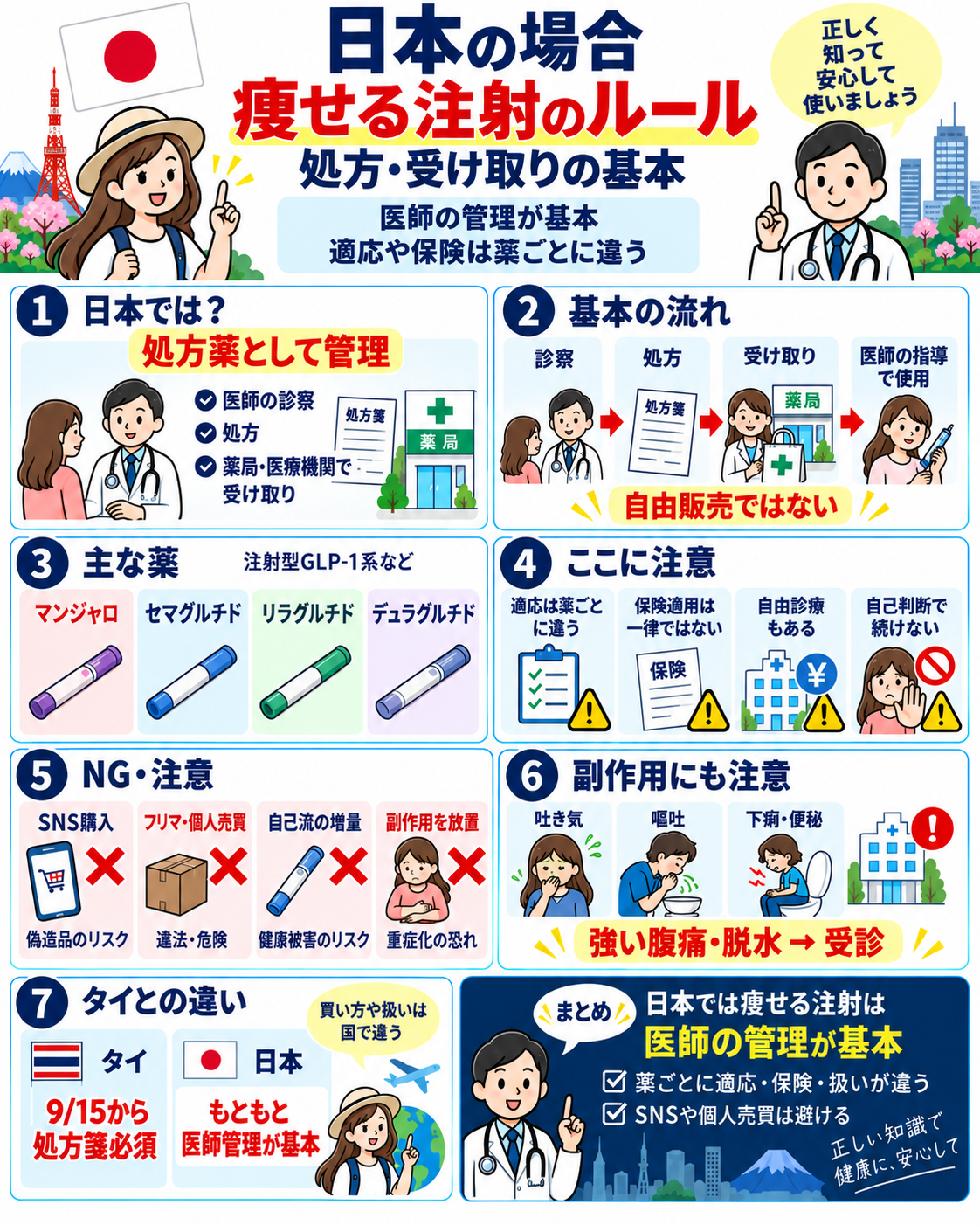 日本におけるマンジャロやセマグルチドなど痩せる注射の処方ルール、主な薬、副作用、SNS購入の注意点、タイとの違いを解説した日本語インフォグラフィック