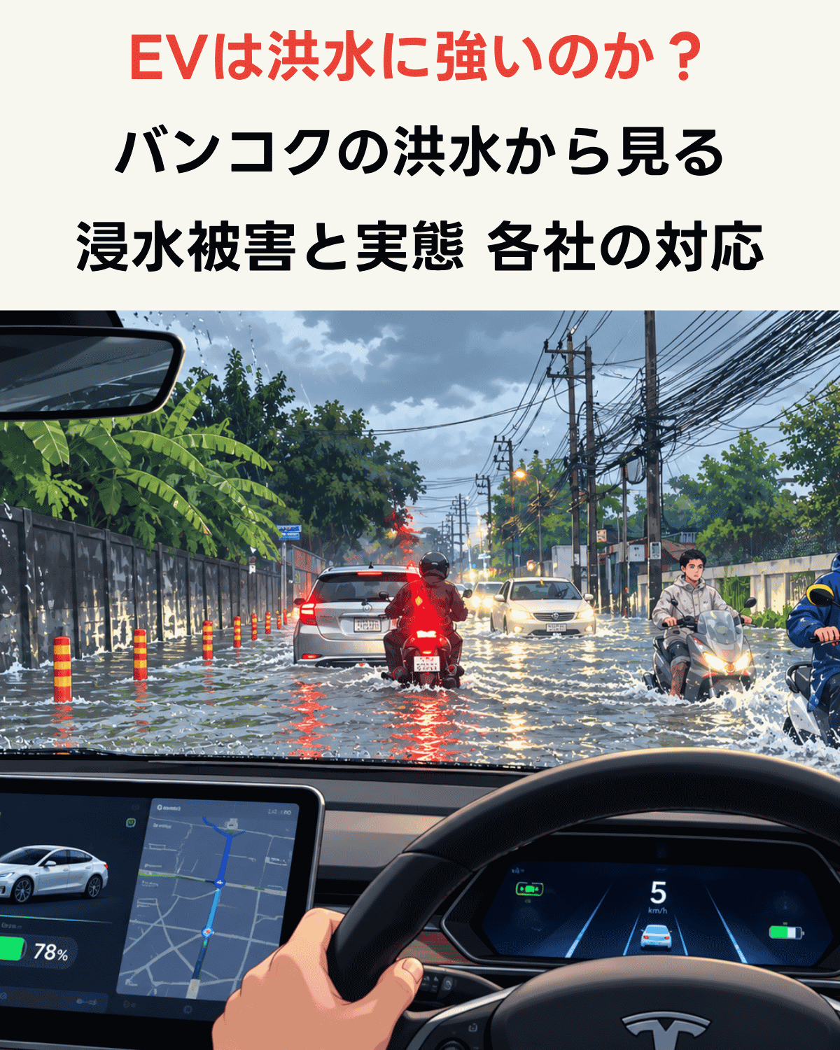 バンコクの洪水で冠水した道路をEVで走行する様子とタイトル「EVは洪水に強いのか？バンコクの洪水から見る浸水被害と実態 各社の対応」