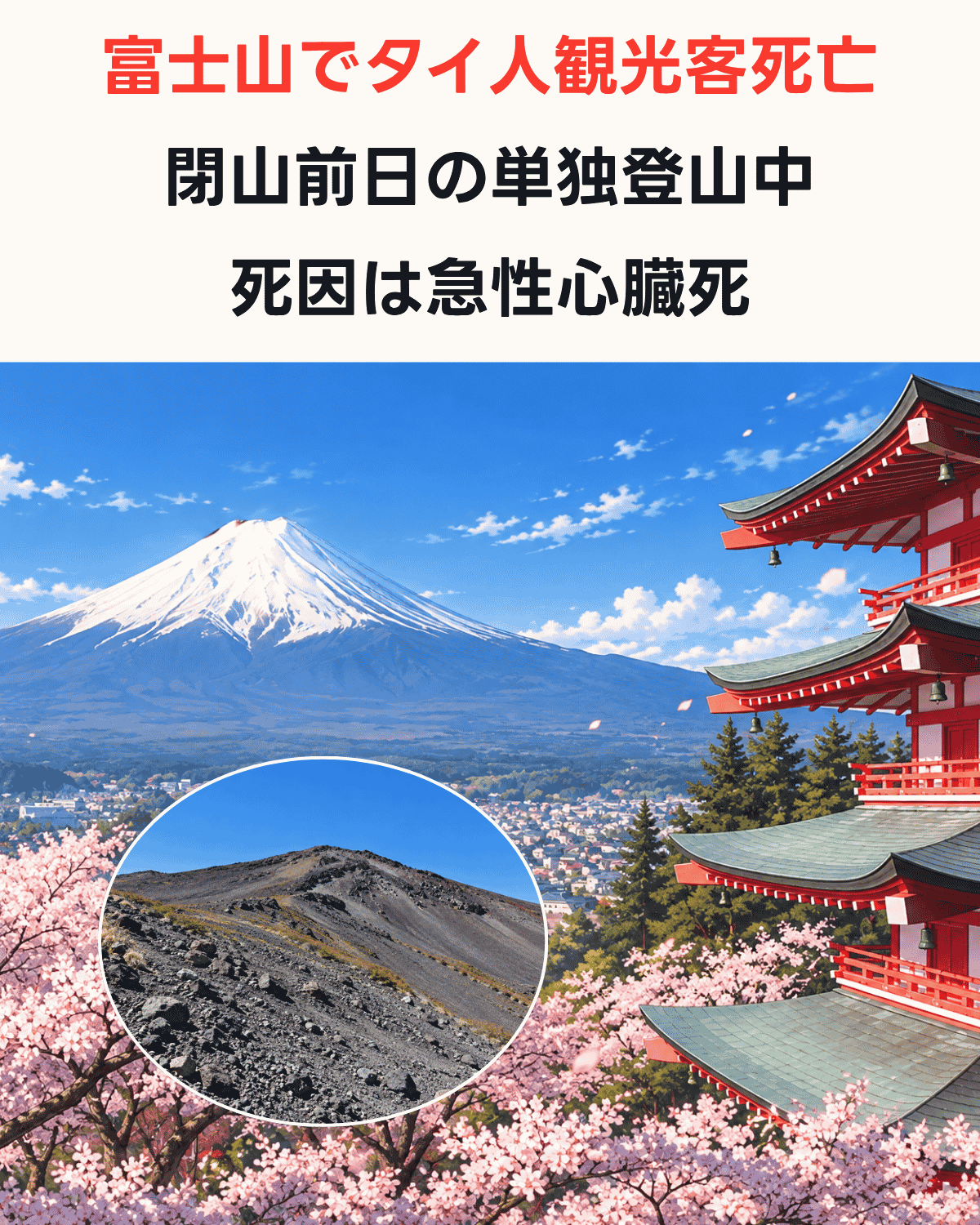 富士山でタイ人観光客が閉山前日の単独登山中に死亡し、死因は急性心臓死であることを伝えるアイキャッチ画像