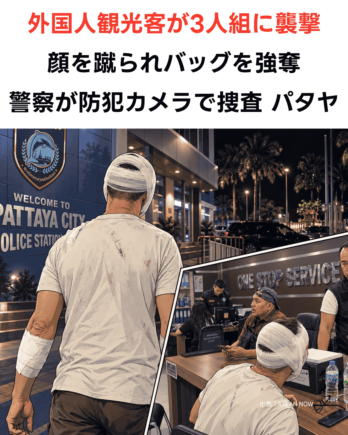パタヤで外国人観光客が3人組に襲撃され、顔を蹴られバッグを強奪されたことを伝えるアイキャッチ画像（ASEAN NOWの写真をもとにAI生成）