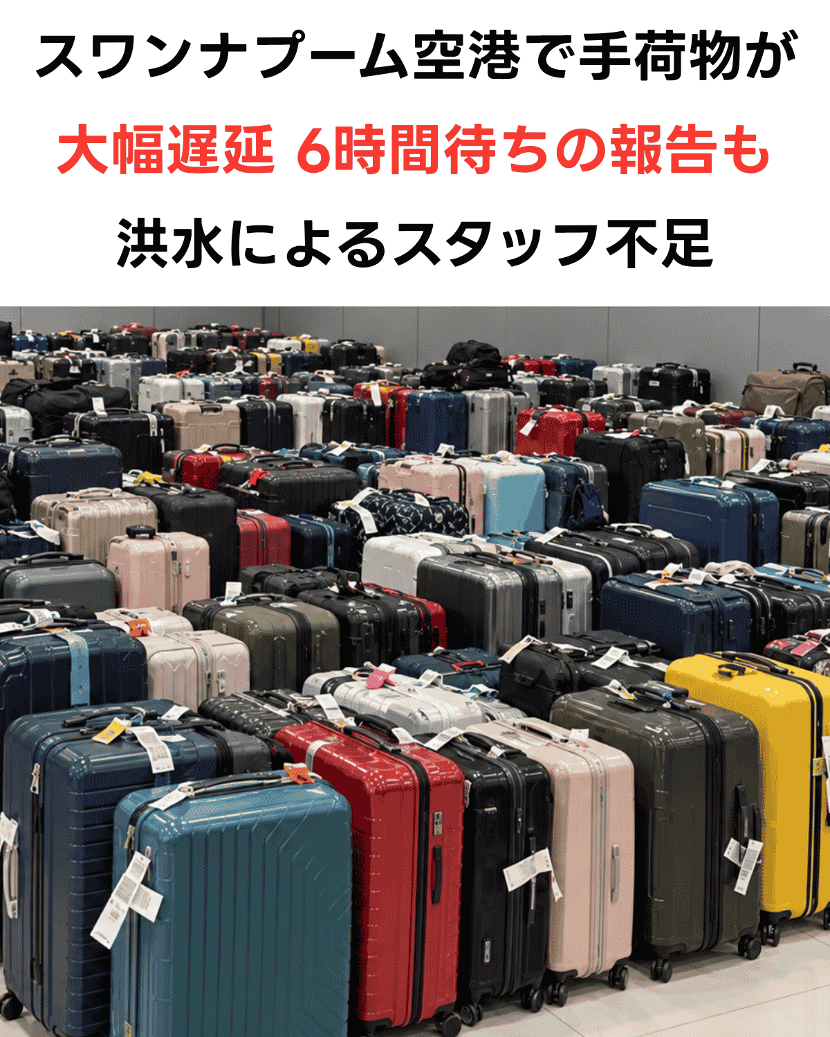 「スワンナプーム空港で手荷物が大幅遅延 6時間待ちの報告も 洪水によるスタッフ不足」の見出しが入った、スーツケースが並ぶ画像