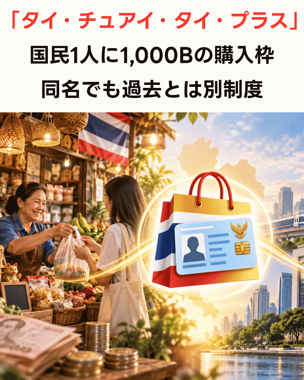 「タイ・チュアイ・タイ・プラス」で国民1人に1,000バーツの購入枠が付与されること、同名でも過去とは別制度であることを伝えるアイキャッチ画像（AI IMAGE）