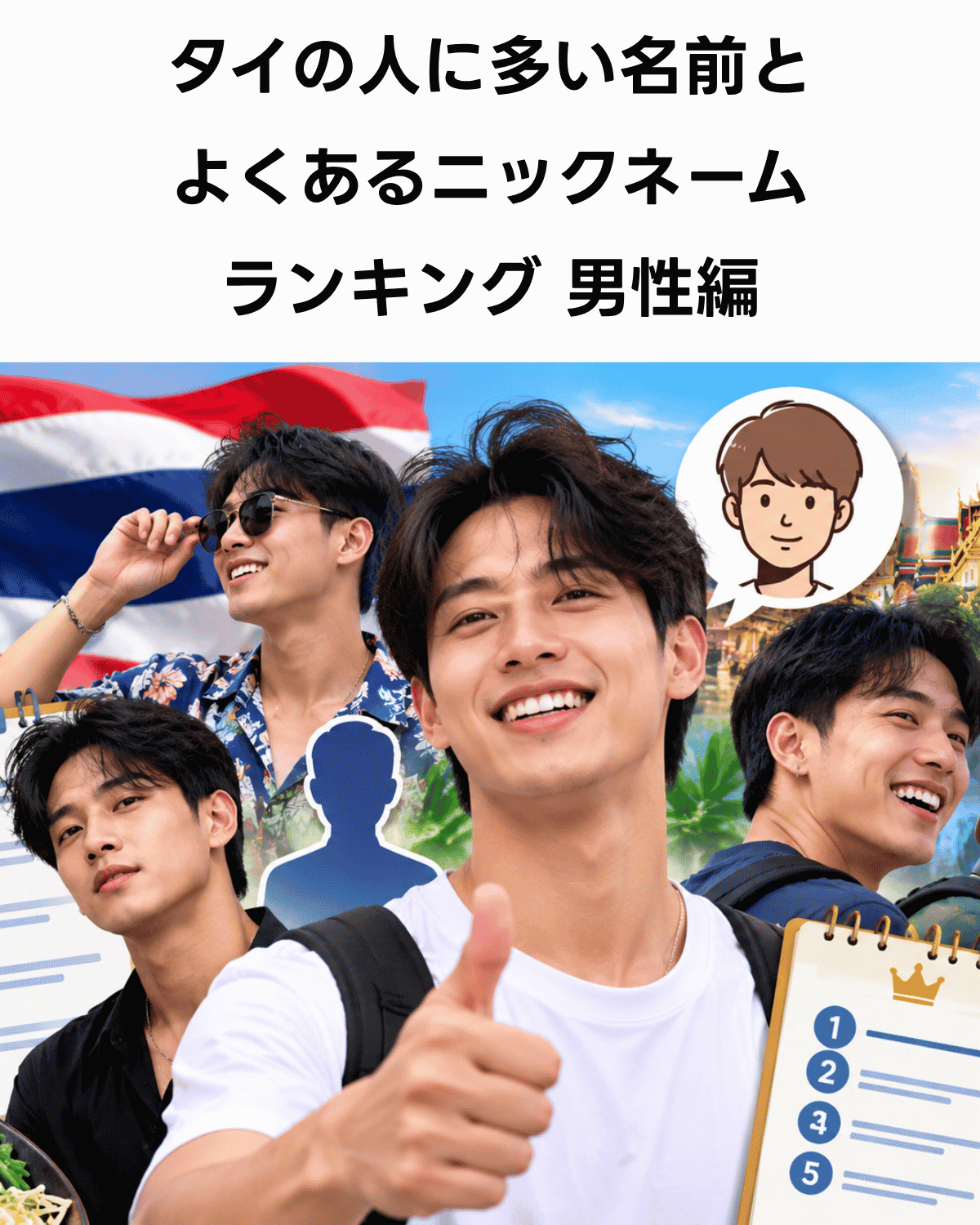 タイの人に多い名前とよくあるニックネームランキング男性編　正式名トップ5はソムチャイ・ソムサック・プラサート・ソムブーン・ナロン、ニックネームトップ5はアイス・バンク・ニュー・ボール・トン