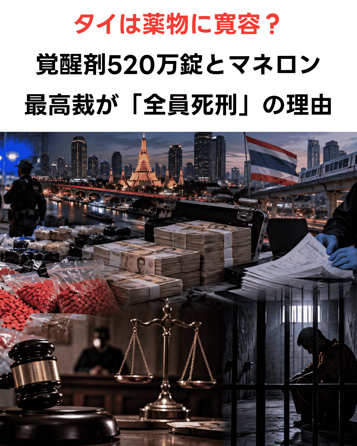 タイは薬物に寛容？覚醒剤520万錠とマネロン、最高裁が全員死刑とした理由を伝えるアイキャッチ画像(AI IMAGE)