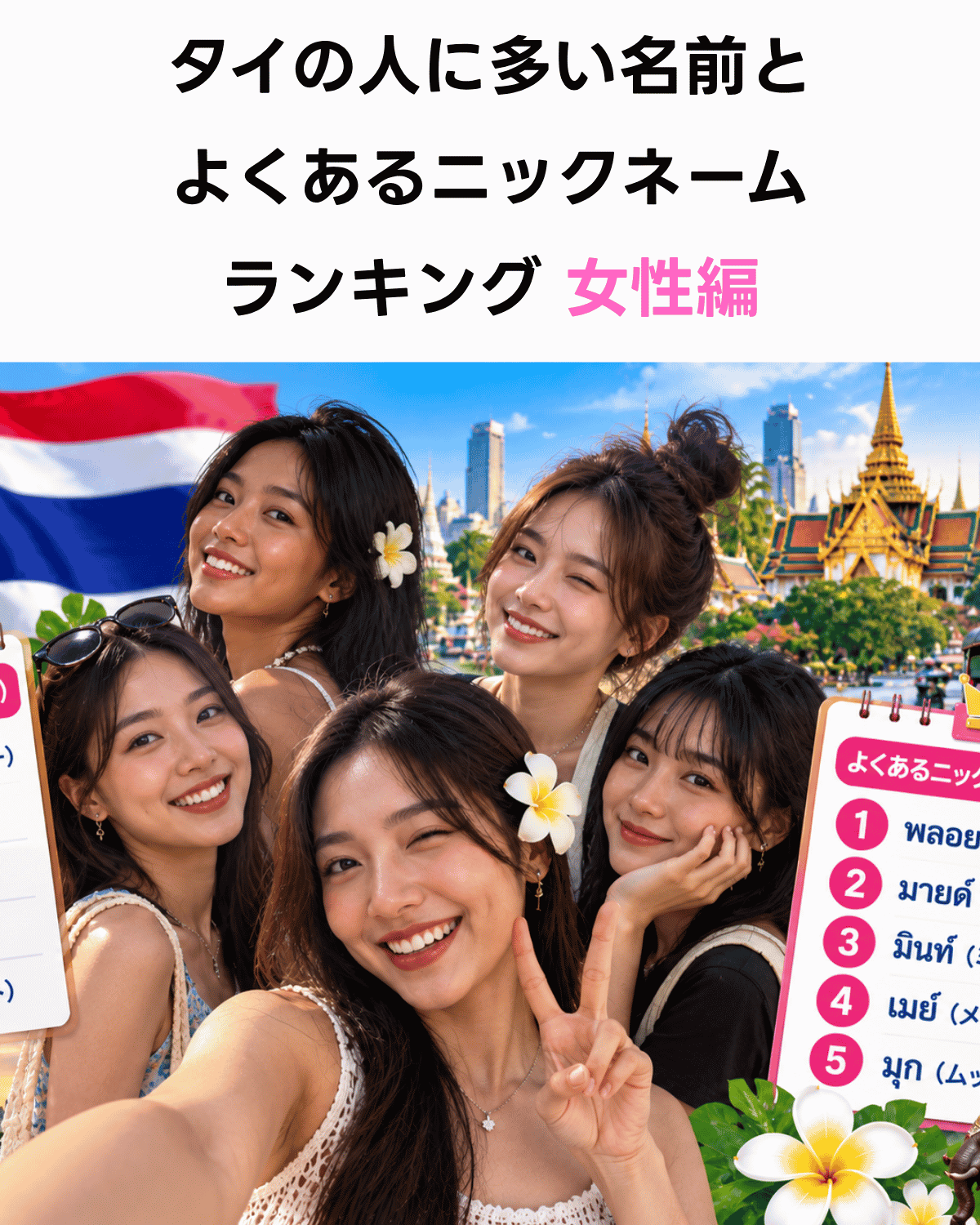タイの人に多い名前とよくあるニックネームランキング女性編　バンコクを背景にしたタイ人女性のイメージ(AI IMAGE)