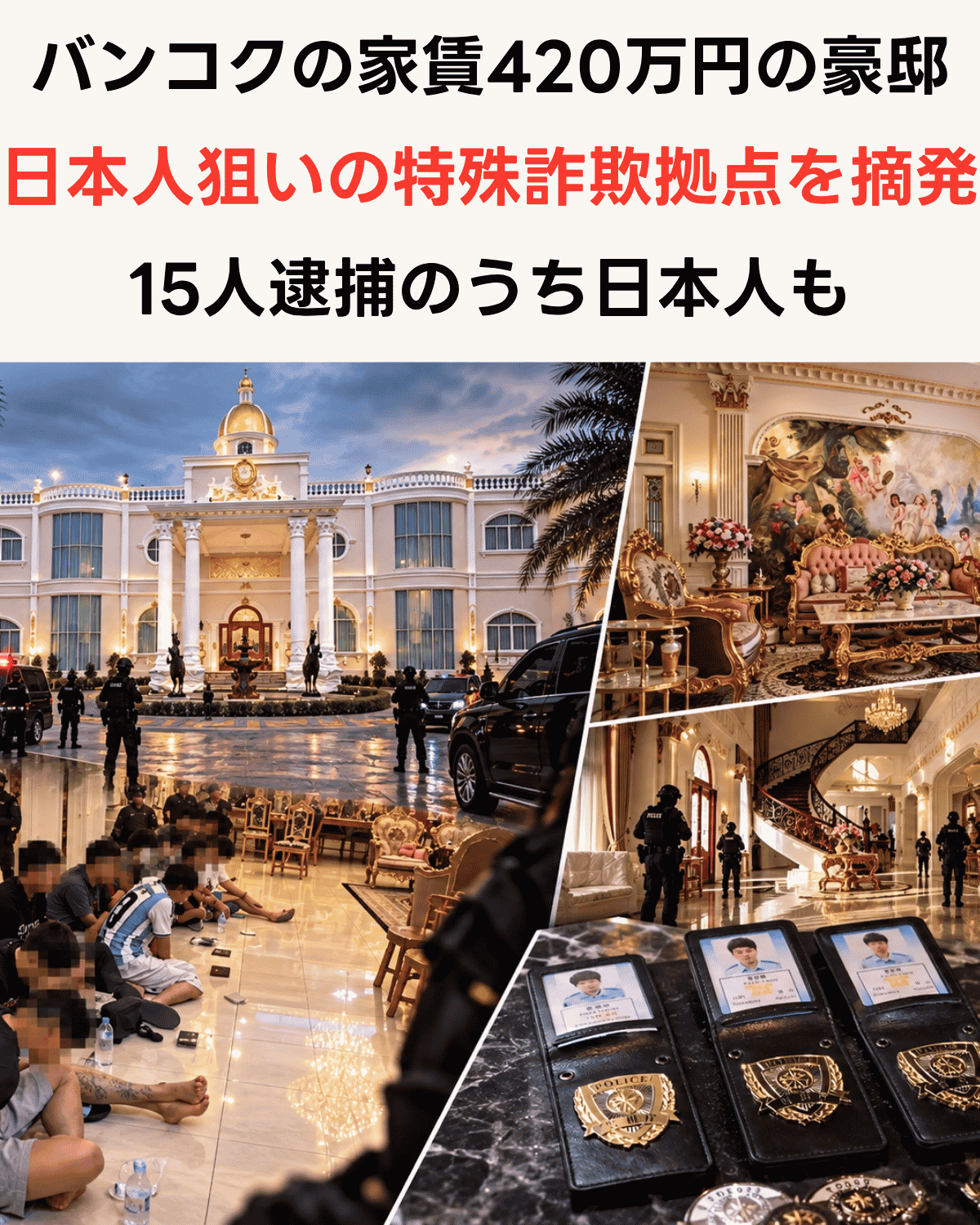 バンコクの家賃420万円の豪邸で日本人狙いの特殊詐欺拠点が摘発され、15人逮捕のうち日本人も含まれることを伝えるアイキャッチ画像（AI IMAGE）
